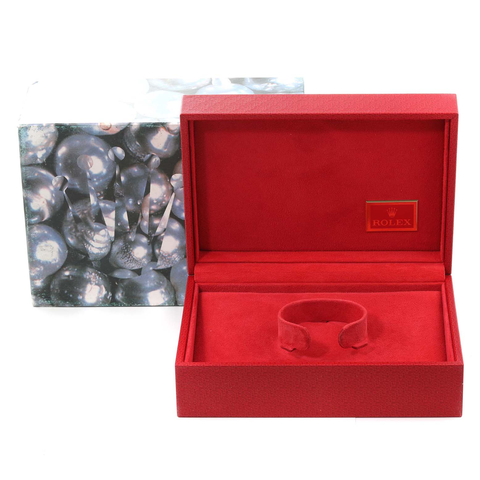 The image shows an open Rolex President 69138 Women's Yellow Gold Blue Dial 69138 Women's Yellow Gold Blue Dial model watch box in red with an outer sleeve featuring a jewel design.