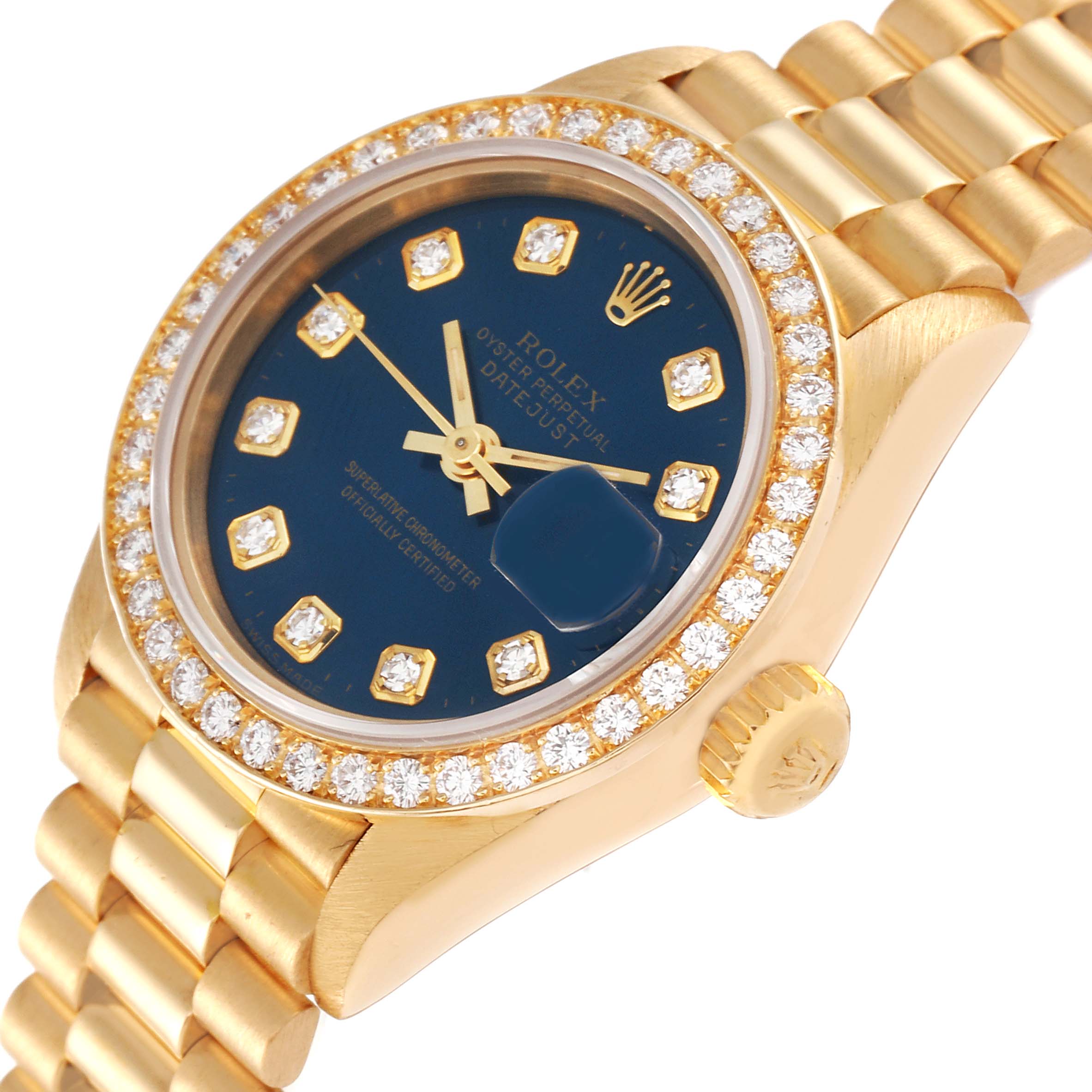 The Rolex President 69138 Women's Yellow Gold Blue Dial 69138 Women's Yellow Gold Blue Dial model watch is shown at an angle highlighting the face, diamond bezel, and part of the gold bracelet.