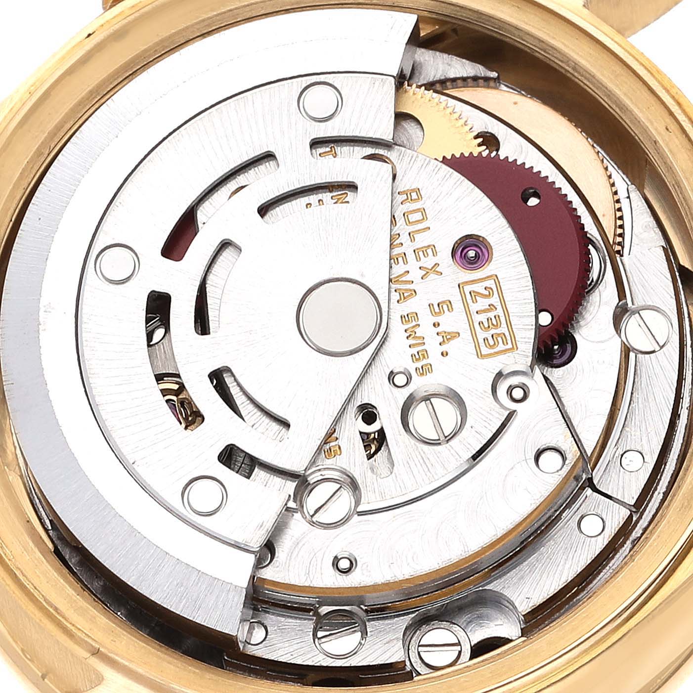 This image shows the internal mechanism of the Rolex President 69138 Women's Yellow Gold Blue Dial 69138 Women's Yellow Gold Blue Dial model watch from a macro angle.