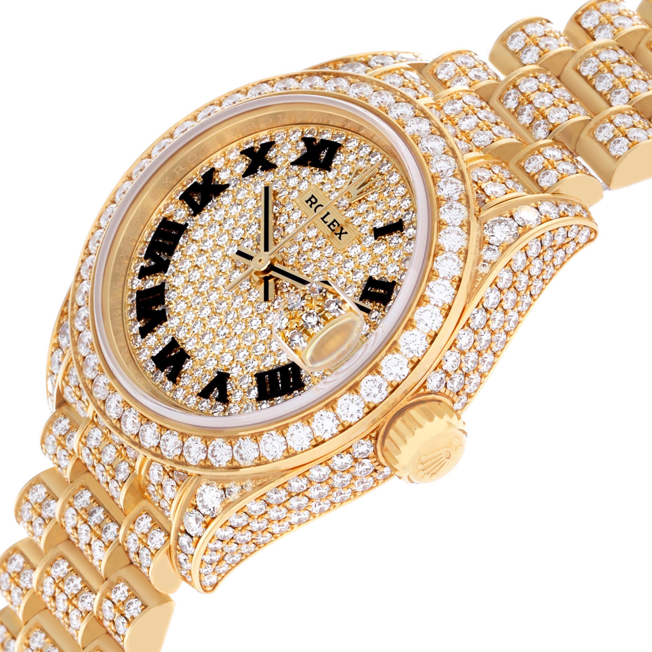 The Rolex President 279458 Women's Yellow Gold Champagne Dial model watch is shown at a three-quarter angle, highlighting the diamond-encrusted dial, bezel, and bracelet.