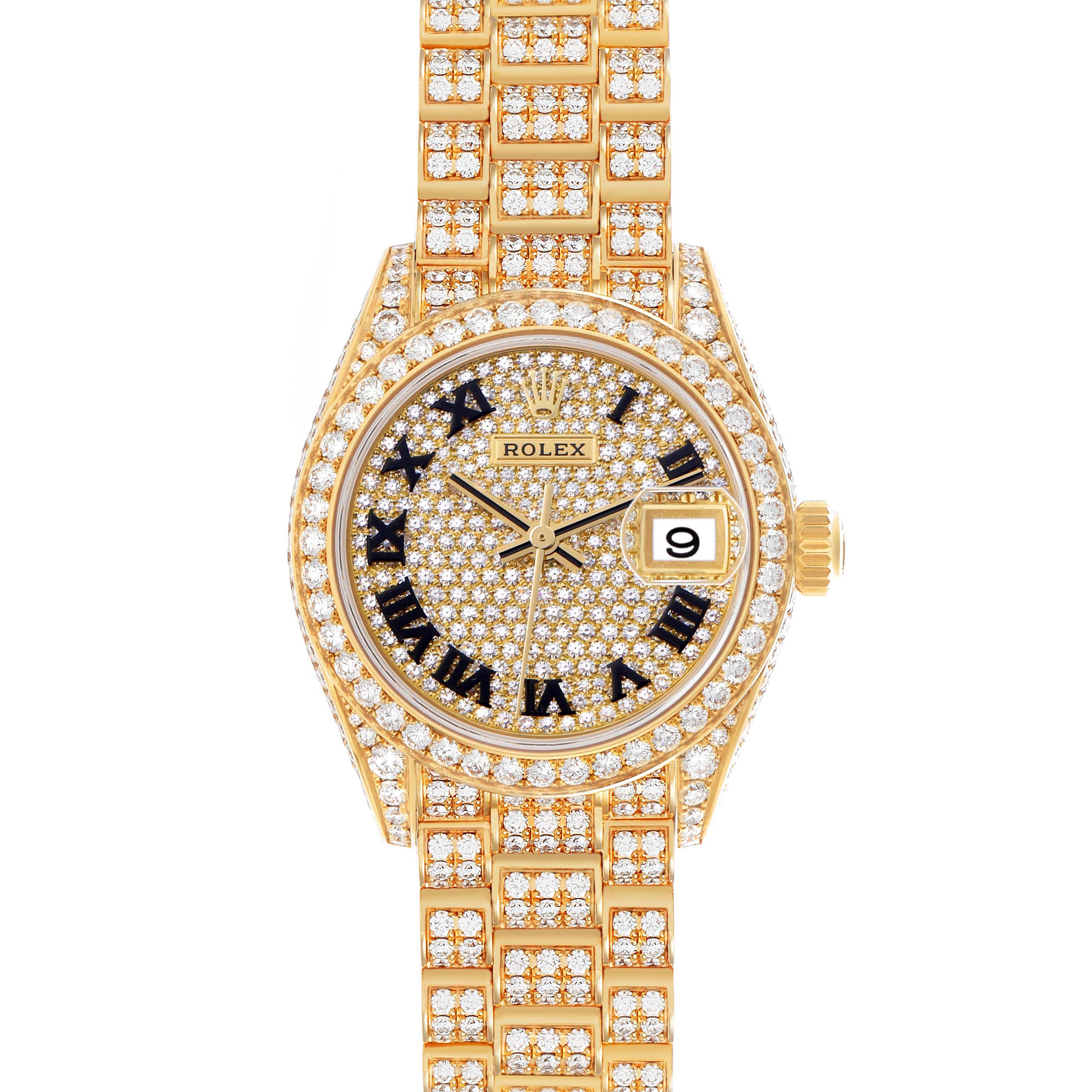 The image shows a frontal view of a Rolex President 279458 Women's Yellow Gold Champagne Dial model, highlighting its diamond-studded dial, bezel, and bracelet.