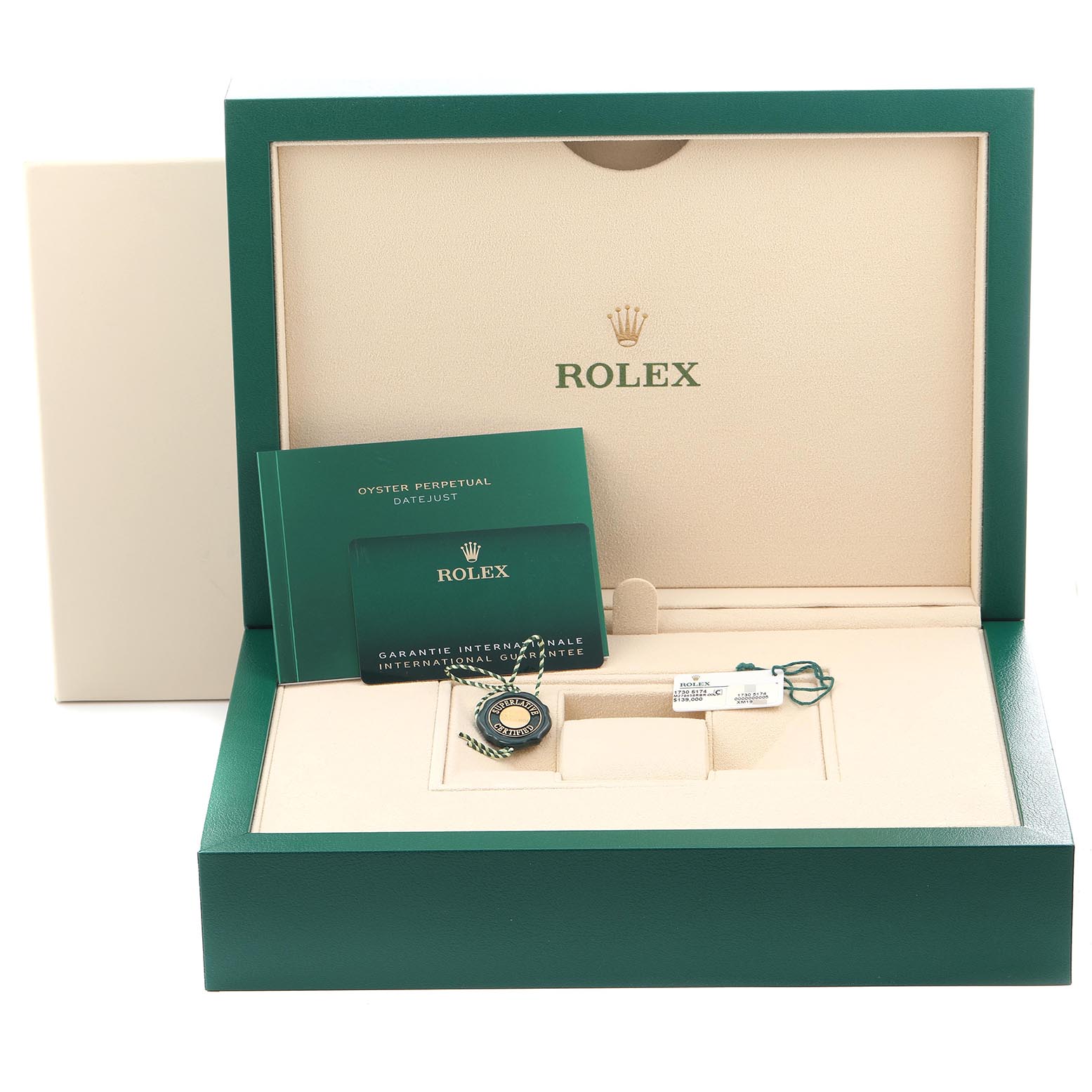 The image shows the packaging and accessories for a Rolex President 279458 Women's Yellow Gold Champagne Dial 279458 Women's Yellow Gold Champagne Dial model, including the watch box, booklets, and tags from a top view.
