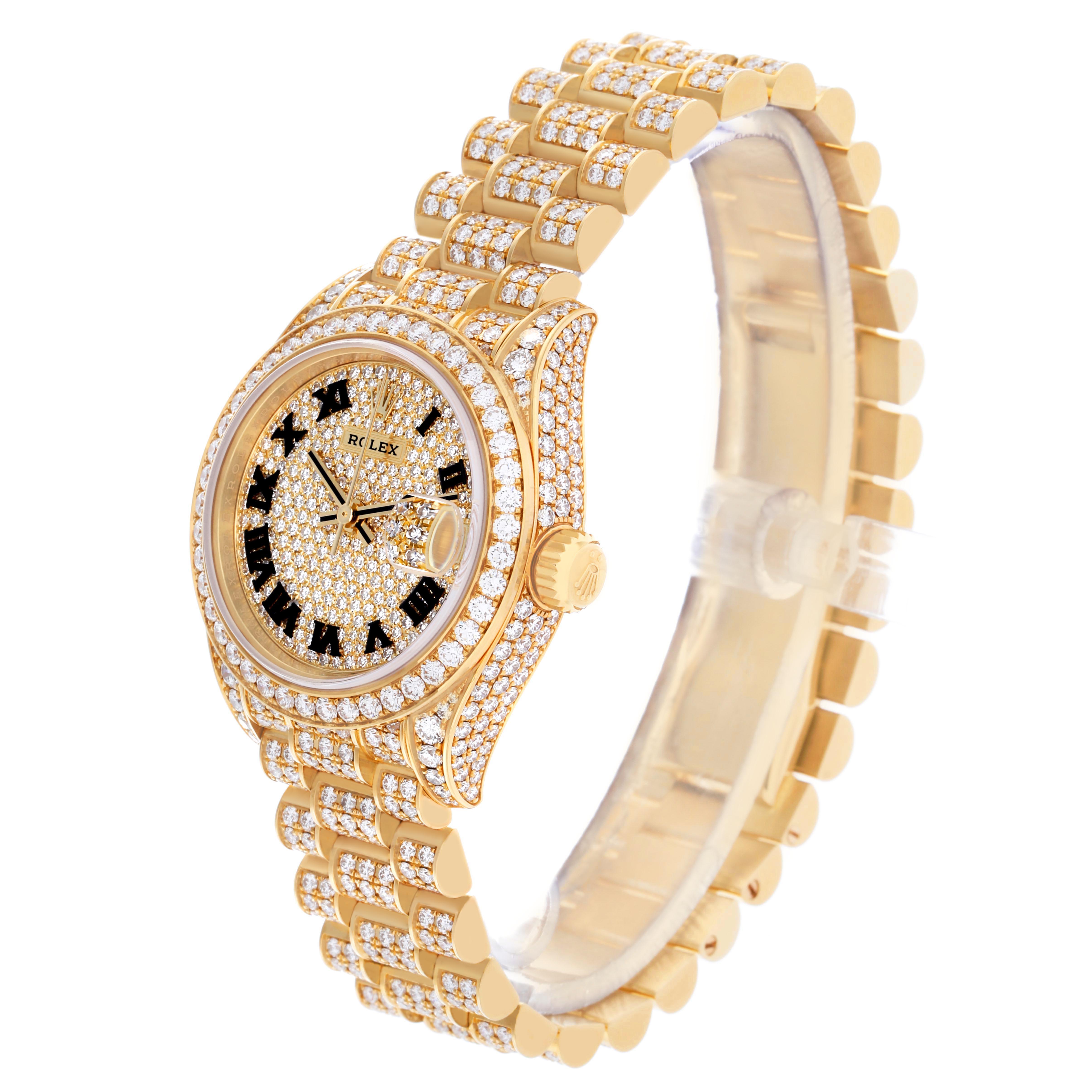 The Rolex President 279458 Women's Yellow Gold Champagne Dial watch is shown from an angled side view, highlighting its diamond-studded dial, bezel, and bracelet.