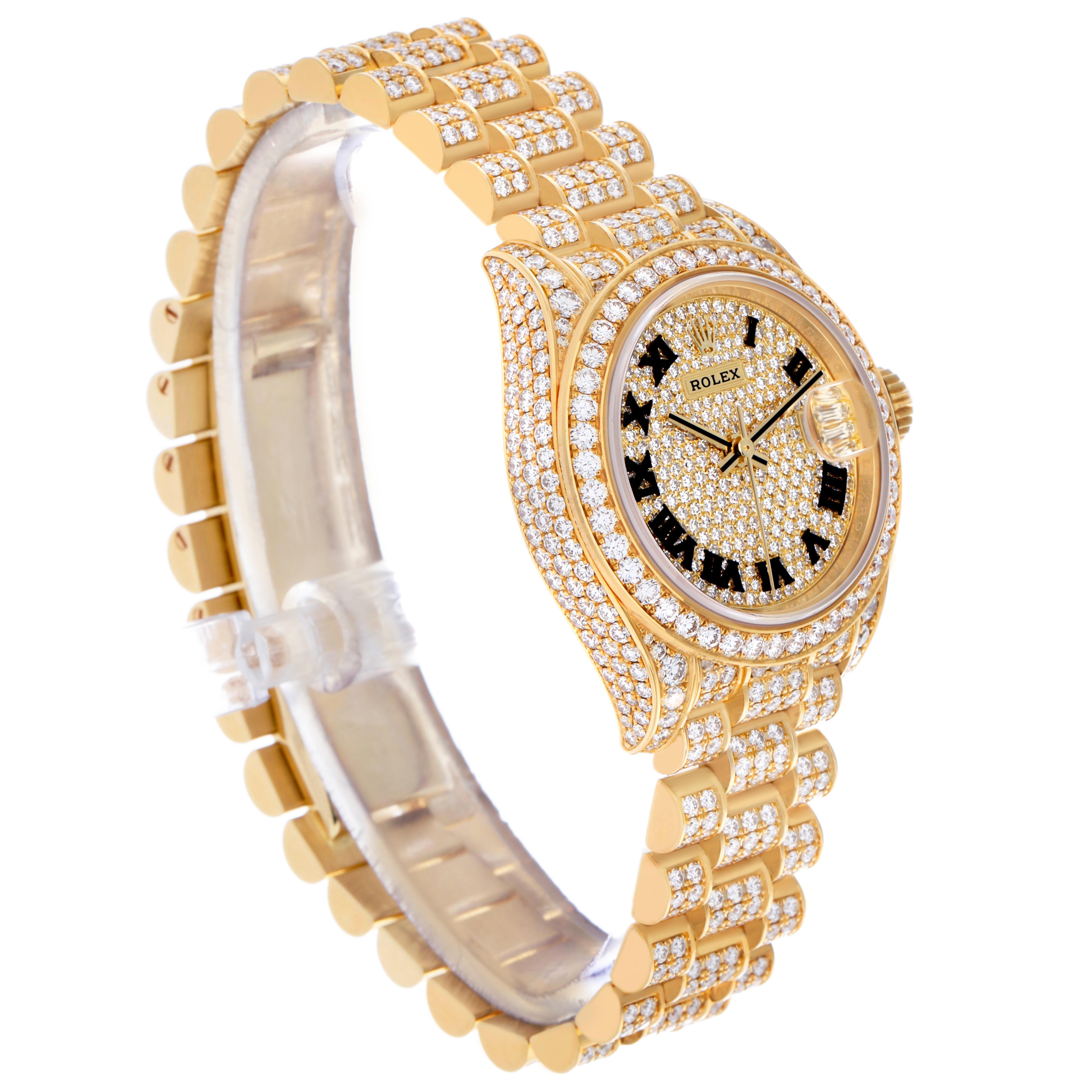 The Rolex President 279458 Women's Yellow Gold Champagne Dial watch is shown from an angled side view, highlighting its diamond-covered bezel, dial, and bracelet.