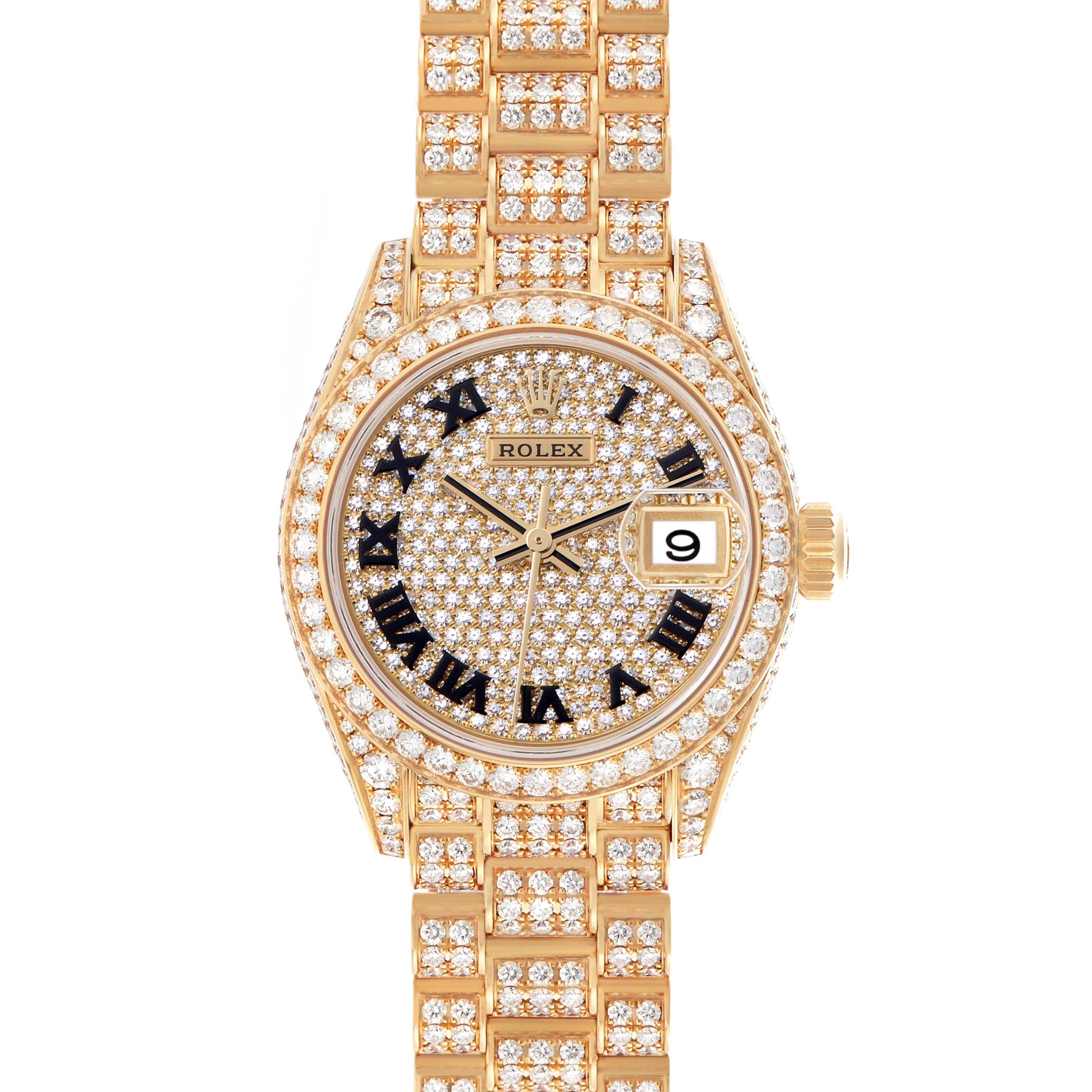 The Rolex President 279458 Women's Yellow Gold Champagne Dial model watch is shown from a top-down angle, highlighting its diamond-studded dial, bezel, and bracelet.