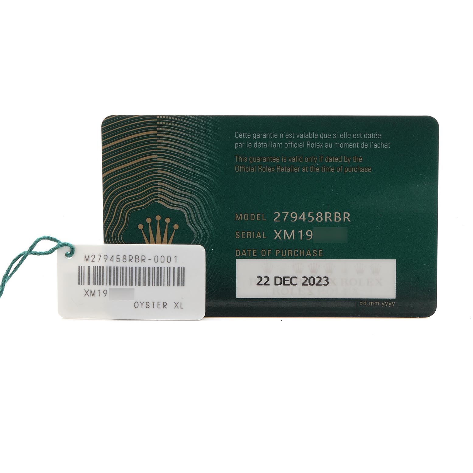 The image shows a warranty card and tag for the Rolex President 279458 Women's Yellow Gold Champagne Dial 279458 Women's Yellow Gold Champagne Dial model 279458RBR, displaying model, serial number, and purchase date.