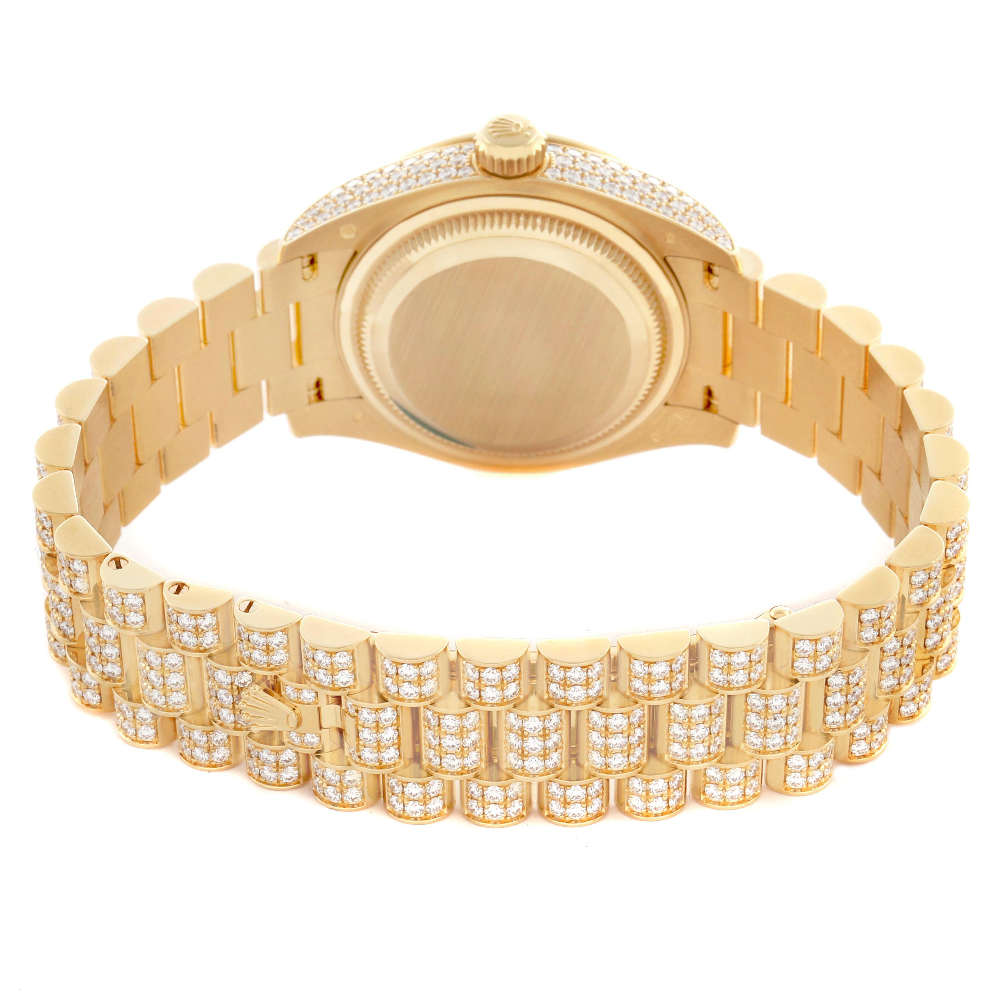 The Rolex President 279458 Women's Yellow Gold Champagne Dial watch is shown from the back, highlighting the gold case back and diamond-studded bracelet.
