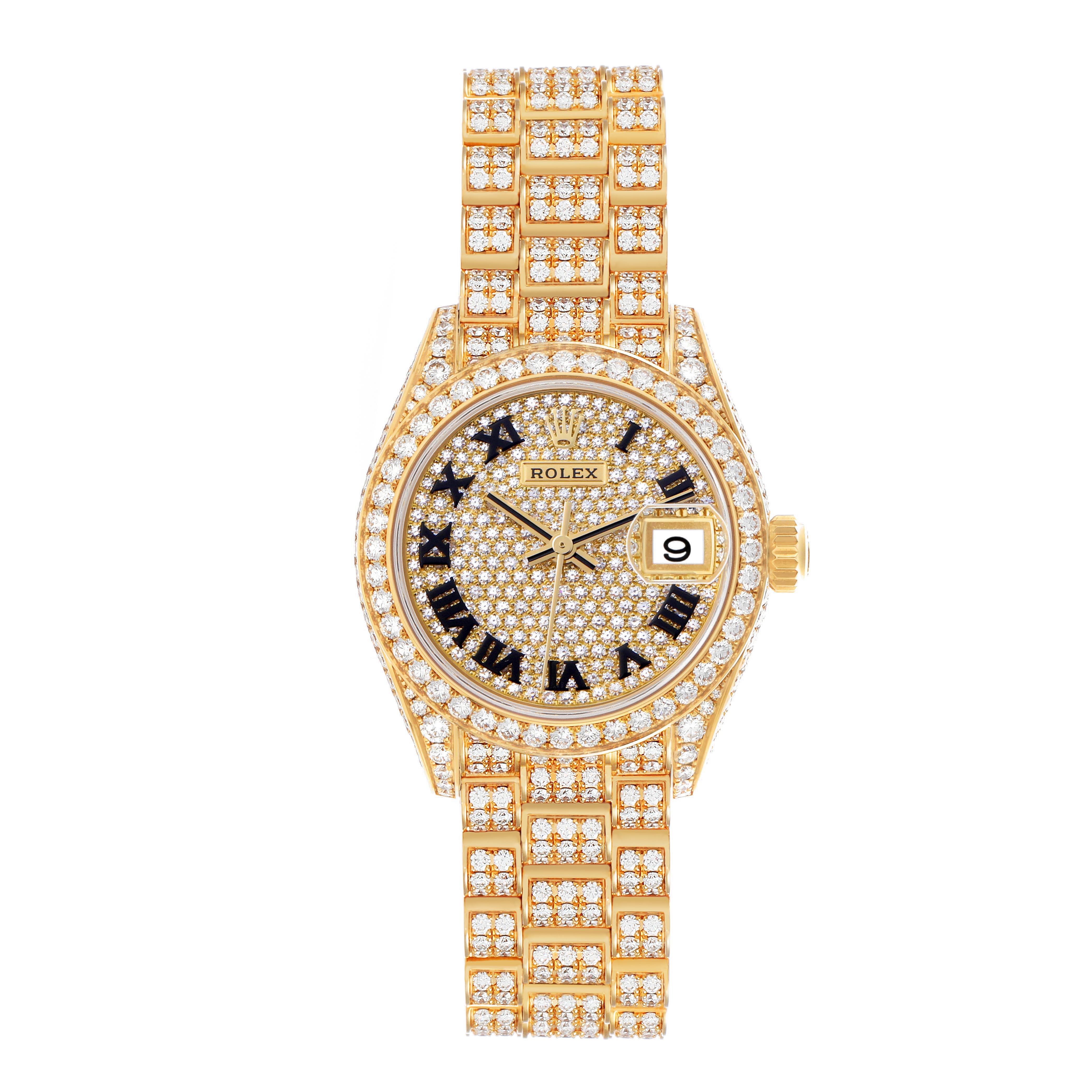 The Rolex President 279458 Women's Yellow Gold Champagne Dial watch is shown from a top view, highlighting its diamond-encrusted face and bracelet with Roman numerals.