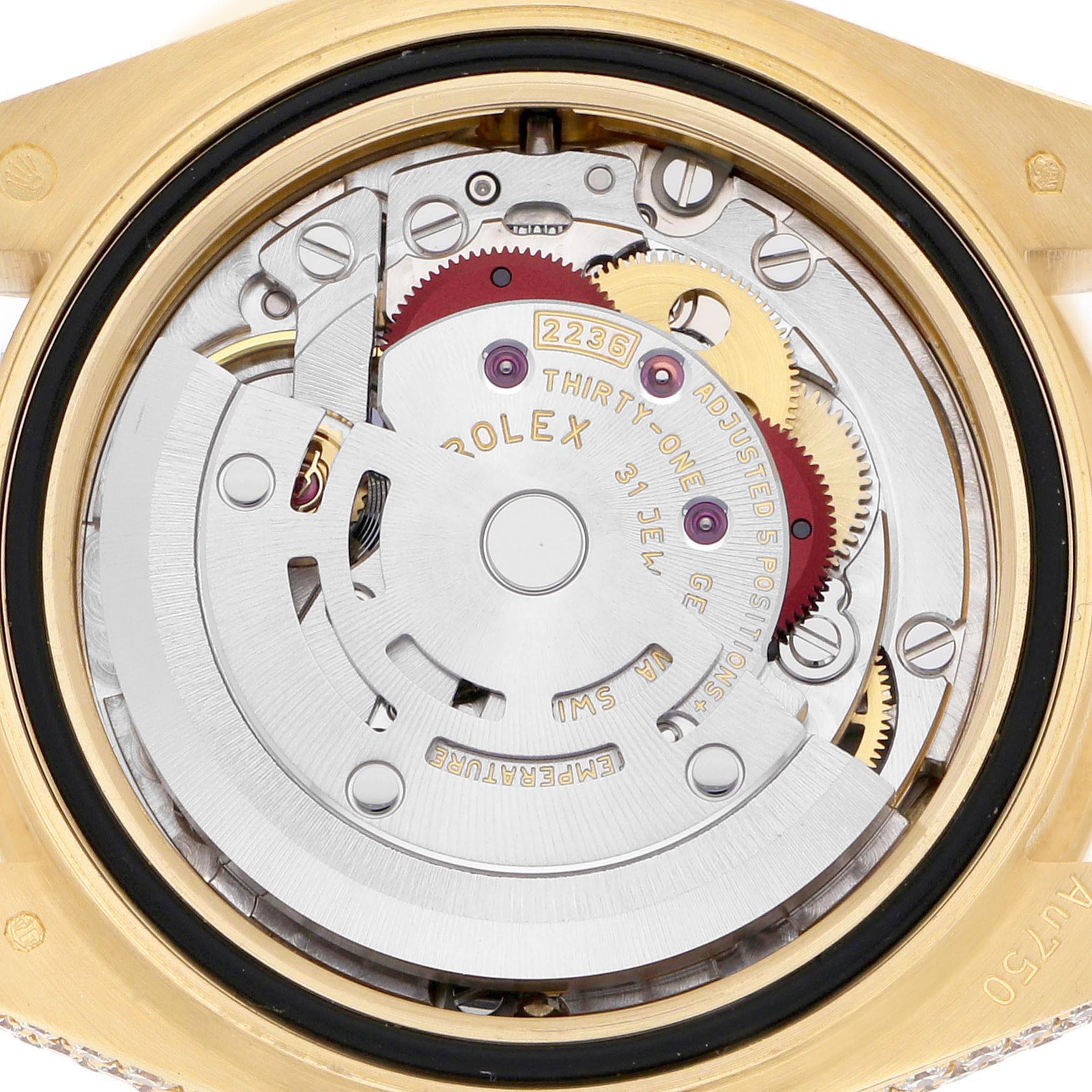 This image shows the inner movement and mechanics of a Rolex President 279458 Women's Yellow Gold Champagne Dial 279458 Women's Yellow Gold Champagne Dial model watch from a back angle.