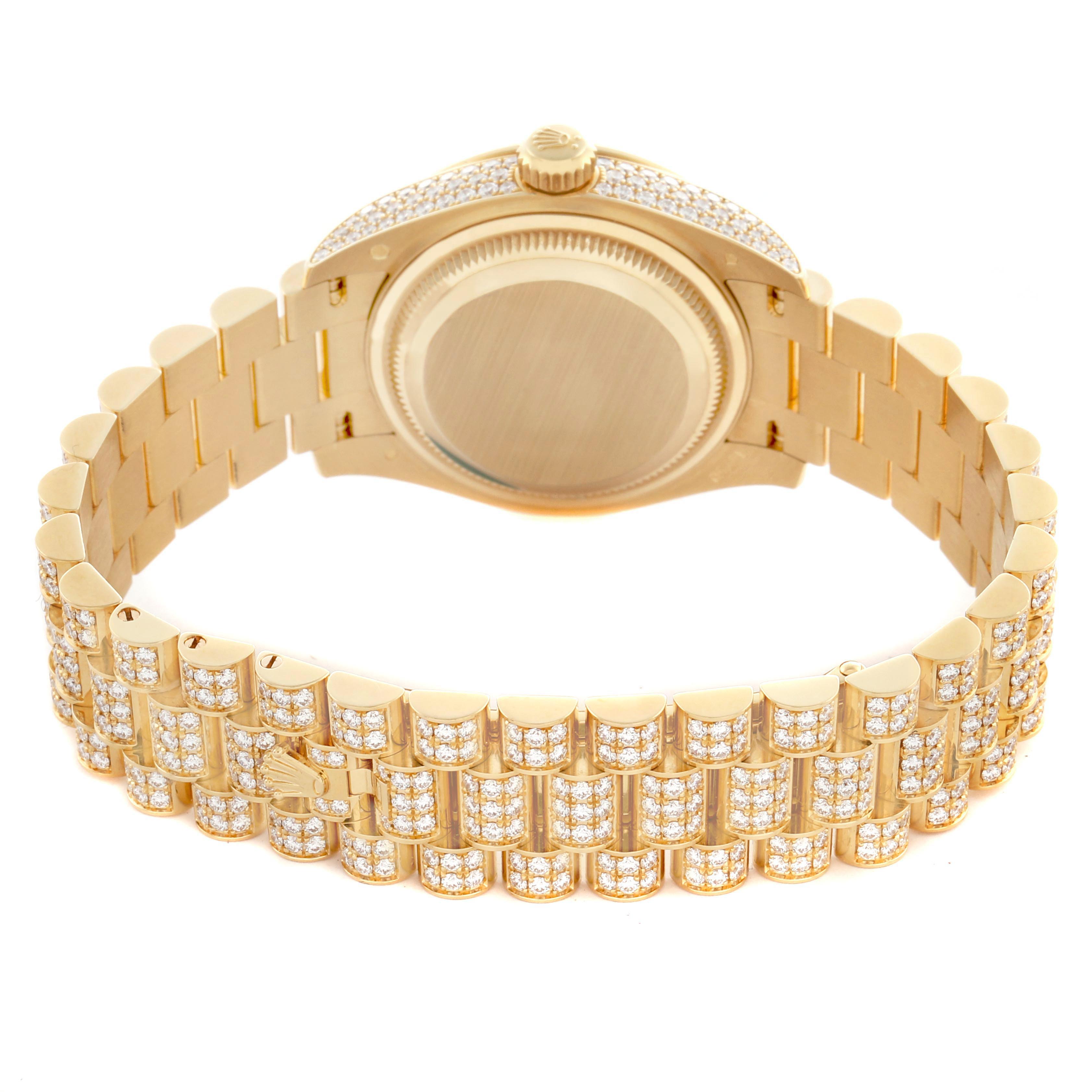 The Rolex President 279458 Women's Yellow Gold Champagne Dial 279458 Women's Yellow Gold Champagne Dial watch is shown from the back, highlighting the bracelet and case, adorned with diamonds.