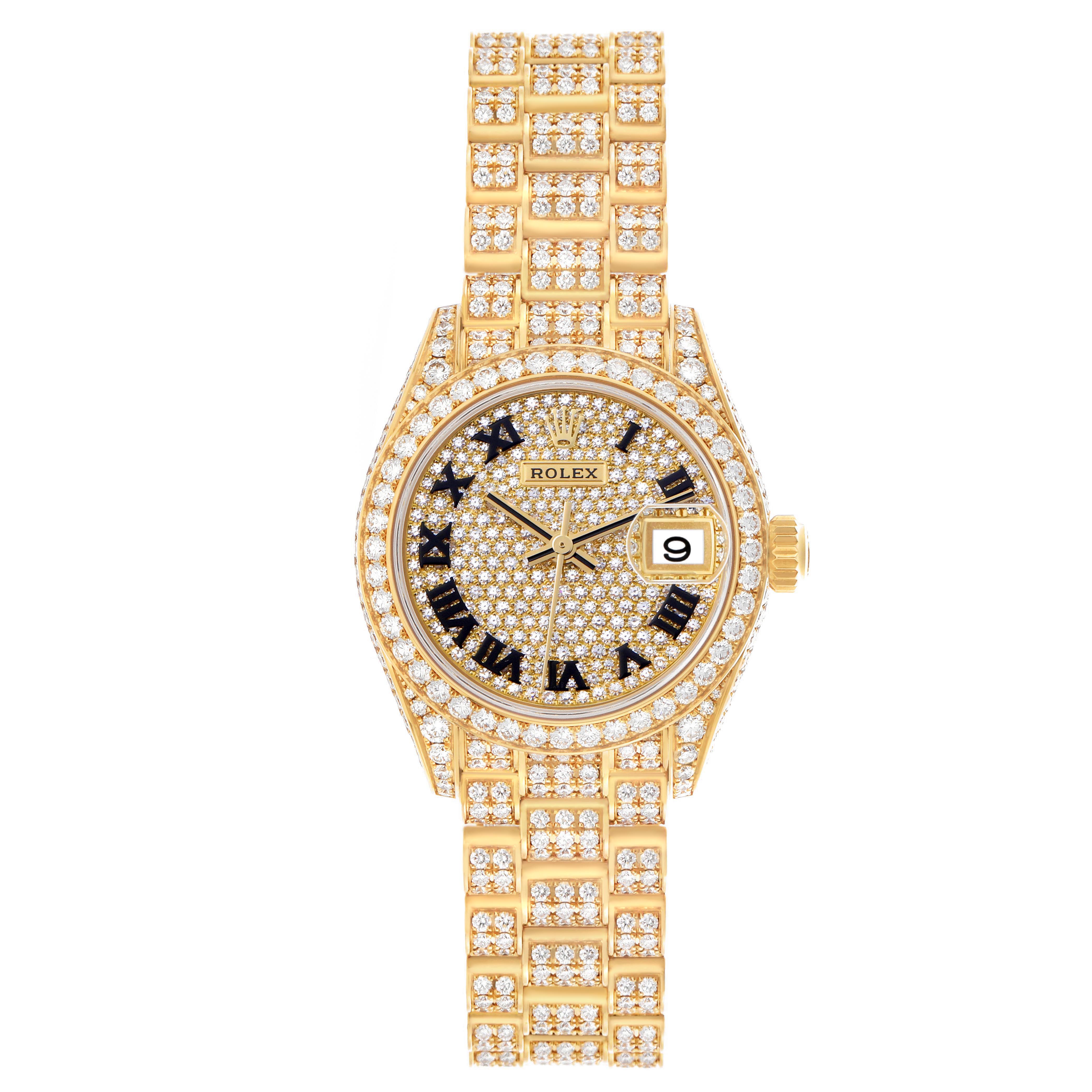 The Rolex President 279458 Women's Yellow Gold Champagne Dial 279458 Women's Yellow Gold Champagne Dial watch is shown from a top-down angle, displaying the face, bezel, and bracelet covered in diamonds.