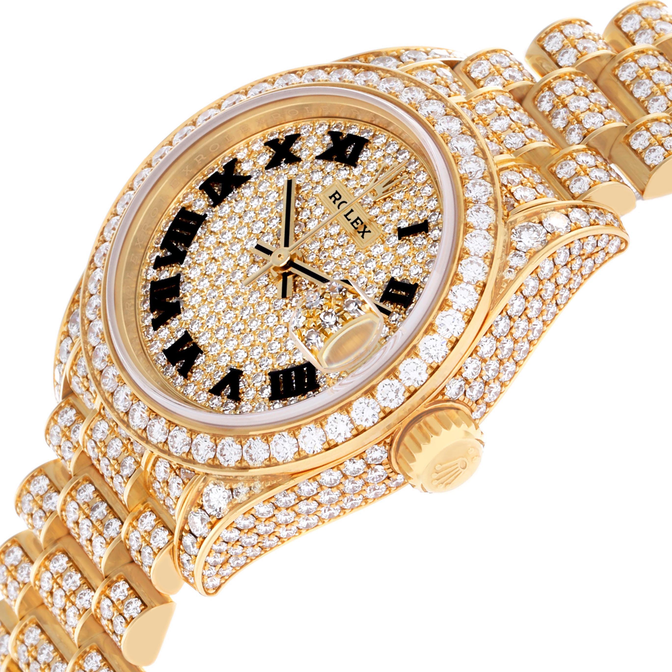 The Rolex President 279458 Women's Yellow Gold Champagne Dial 279458 Women's Yellow Gold Champagne Dial watch is shown at an angled view, highlighting its diamond-encrusted face, bezel, and bracelet.