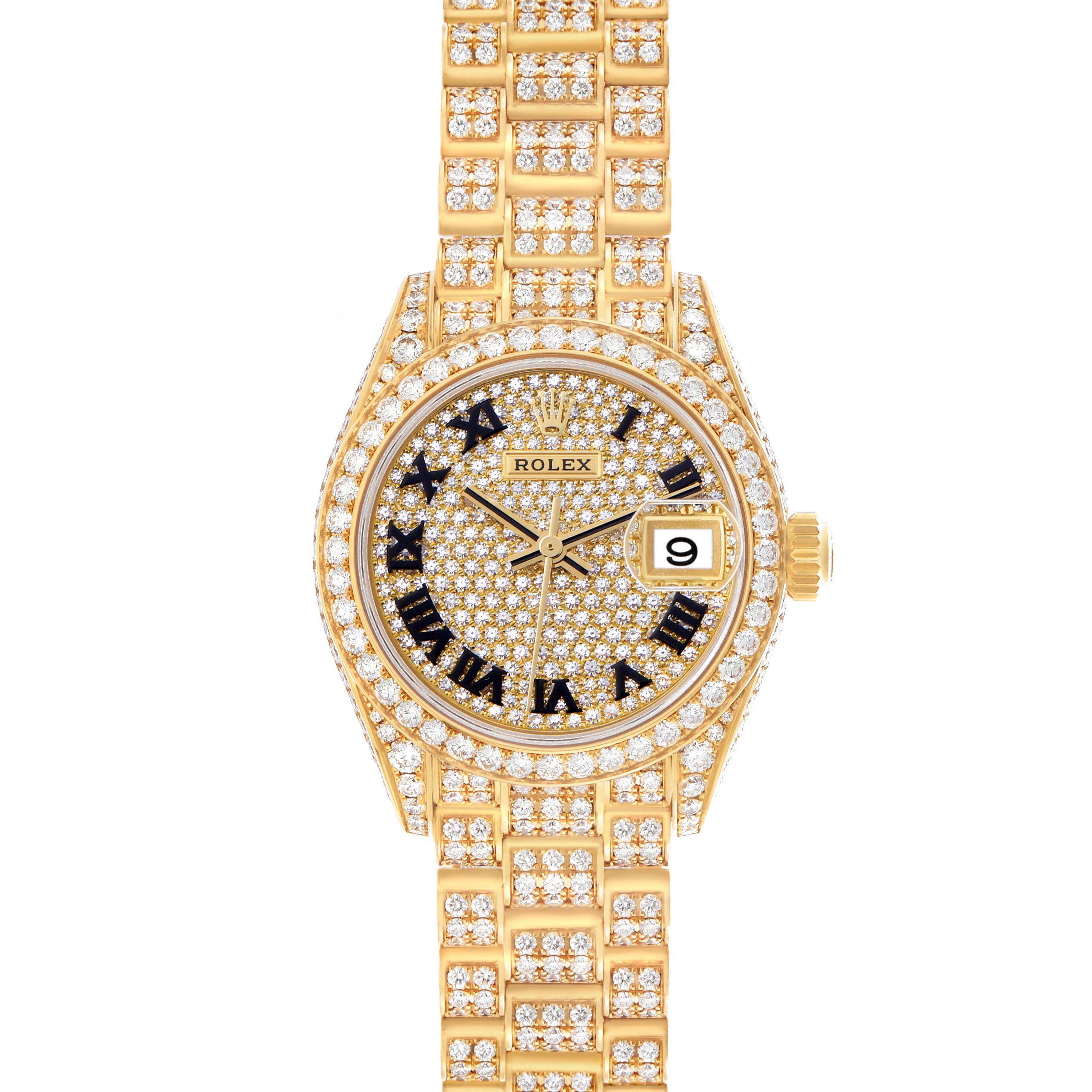 The Rolex President 279458 Women's Yellow Gold Champagne Dial 279458 Women's Yellow Gold Champagne Dial model watch is shown from the front, highlighting its diamond-encrusted bezel, dial, and bracelet.