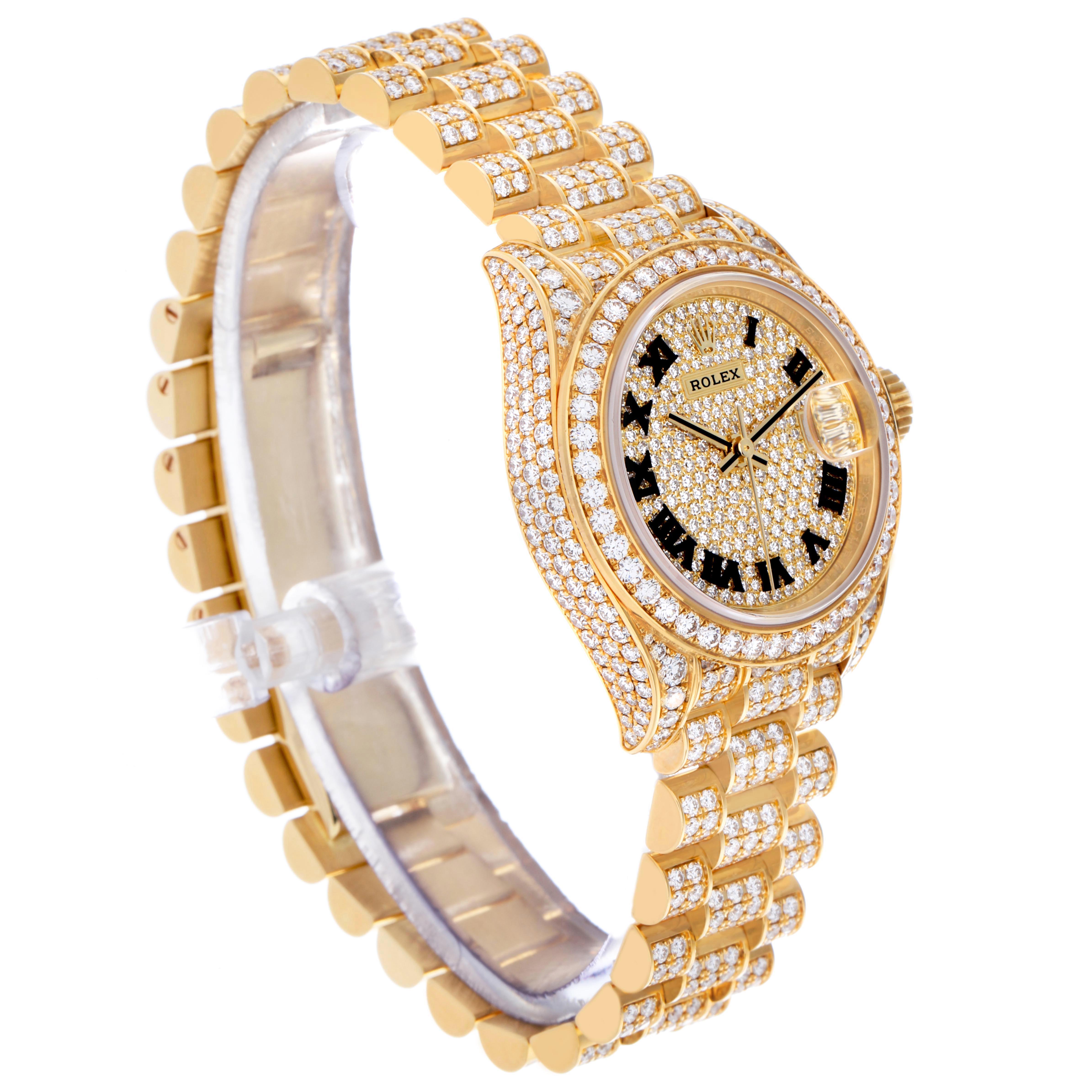 The Rolex President 279458 Women's Yellow Gold Champagne Dial 279458 Women's Yellow Gold Champagne Dial model is shown at an angled side view displaying the bracelet, diamond-studded face, and bezel.