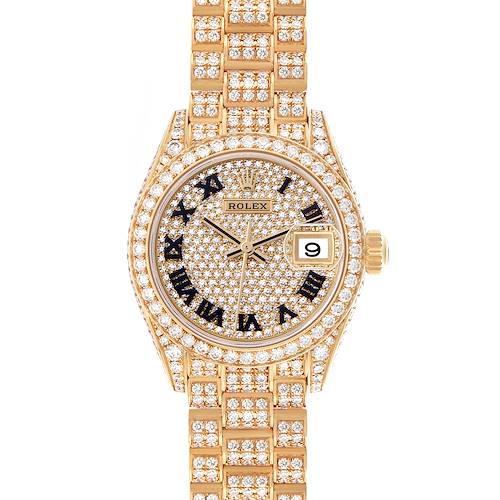 The image shows a frontal view of a Rolex President 279458 Women's Yellow Gold Champagne Dial watch, highlighting its diamond-studded bezel, dial, and bracelet.