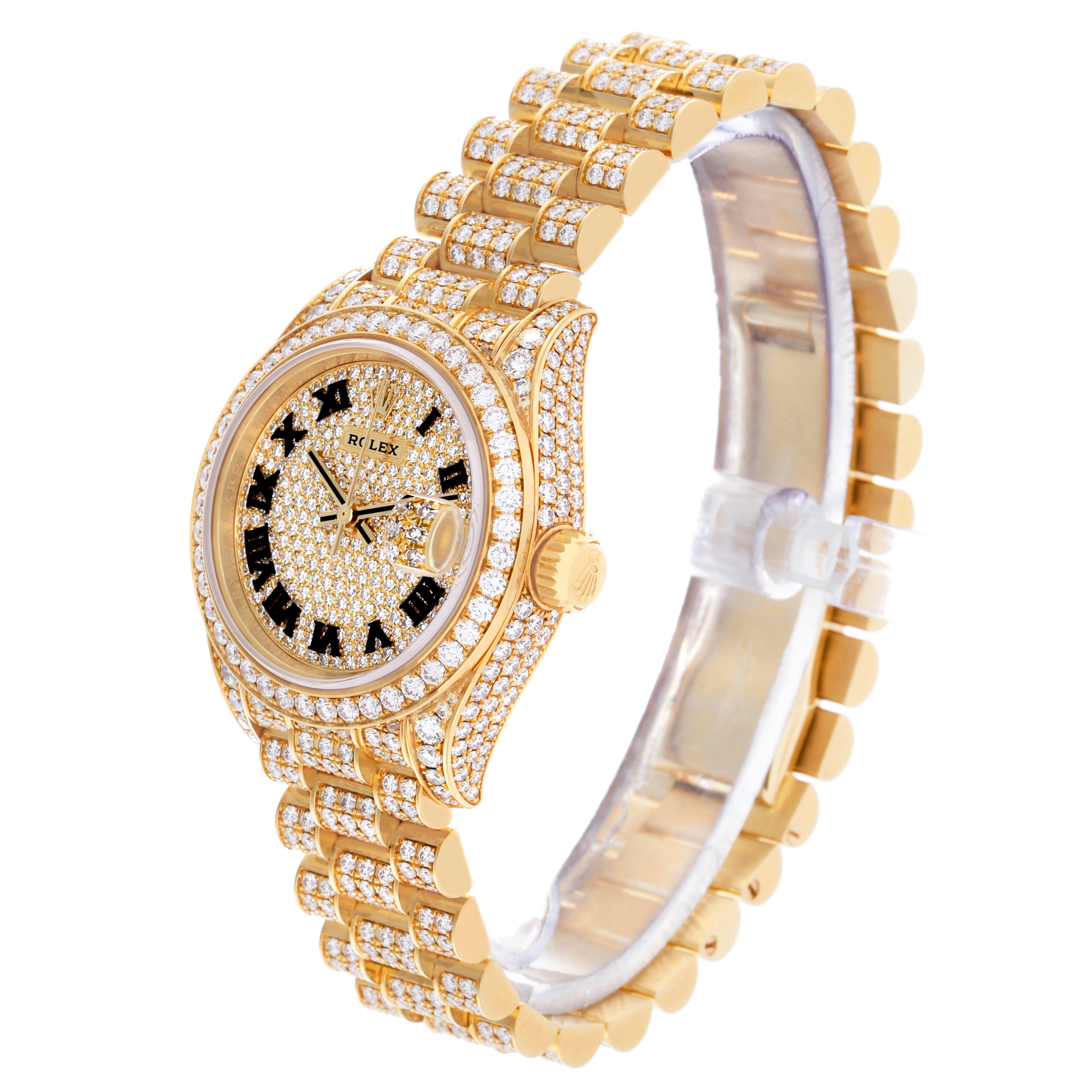 The Rolex President 279458 Women's Yellow Gold Champagne Dial 279458 Women's Yellow Gold Champagne Dial model watch is shown at an angled side view, highlighting its gold and diamond details with the bracelet visible.