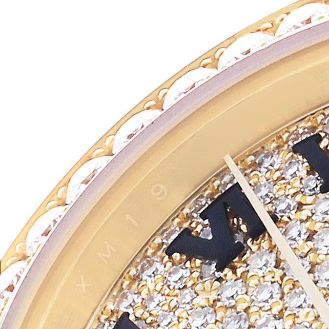 The image shows a close-up of the Rolex President 279458 Women's Yellow Gold Champagne Dial 279458 Women's Yellow Gold Champagne Dial watch face, highlighting the diamond-encrusted dial, part of the bezel, and a stick hand.