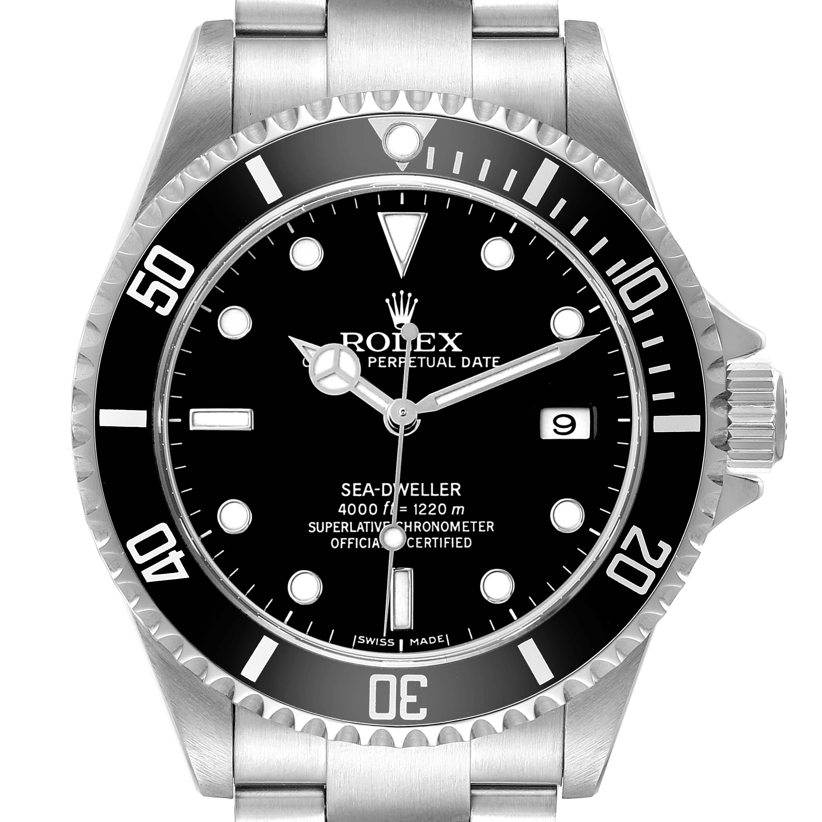 The Rolex Sea-Dweller M16600T Men's Stainless Steel Black Dial watch is shown from a front angle, highlighting its bezel, dial, crown, and bracelet.