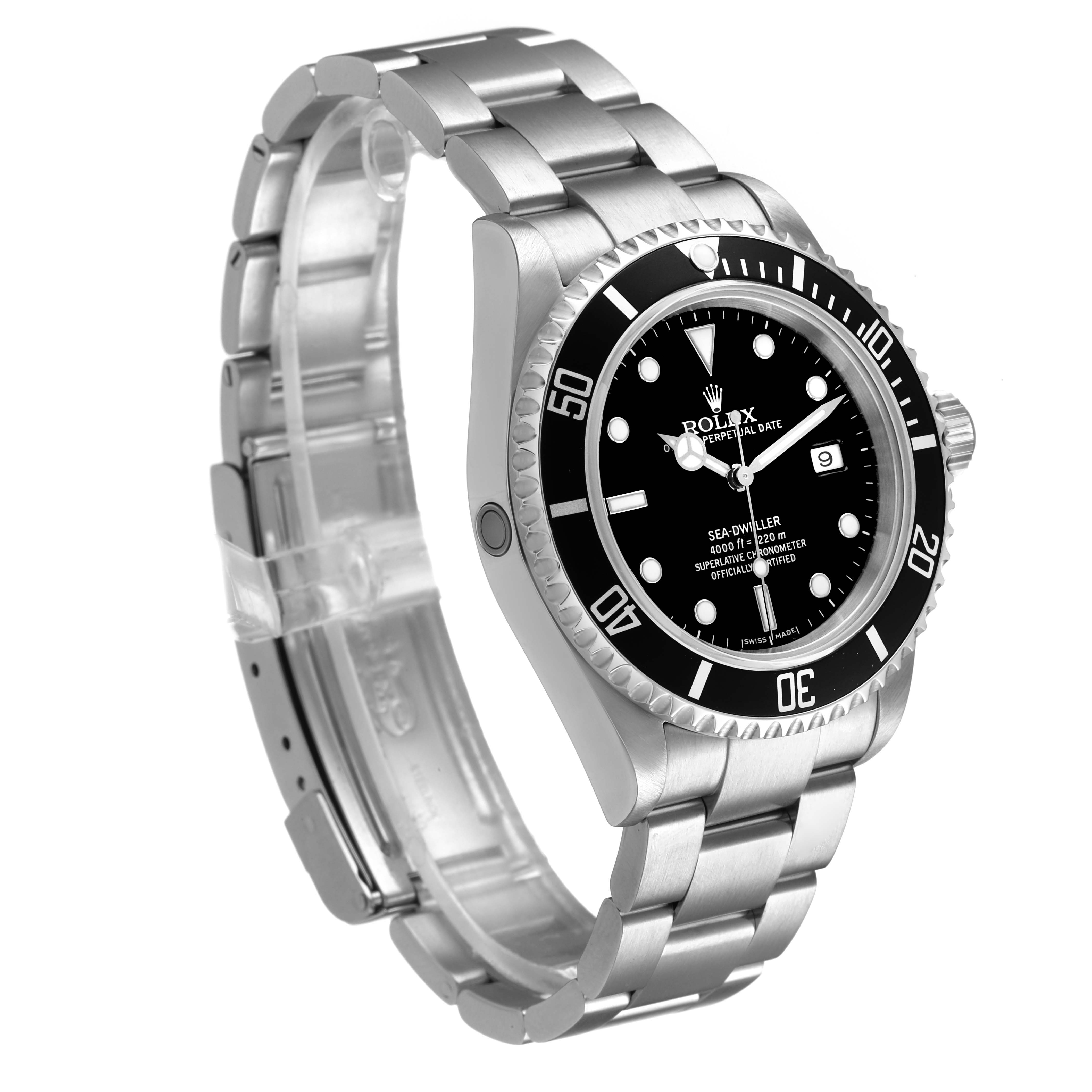 The Rolex Sea-Dweller M16600T Men's Stainless Steel Black Dial watch is shown from a side angle, displaying the bracelet, bezel, and face.