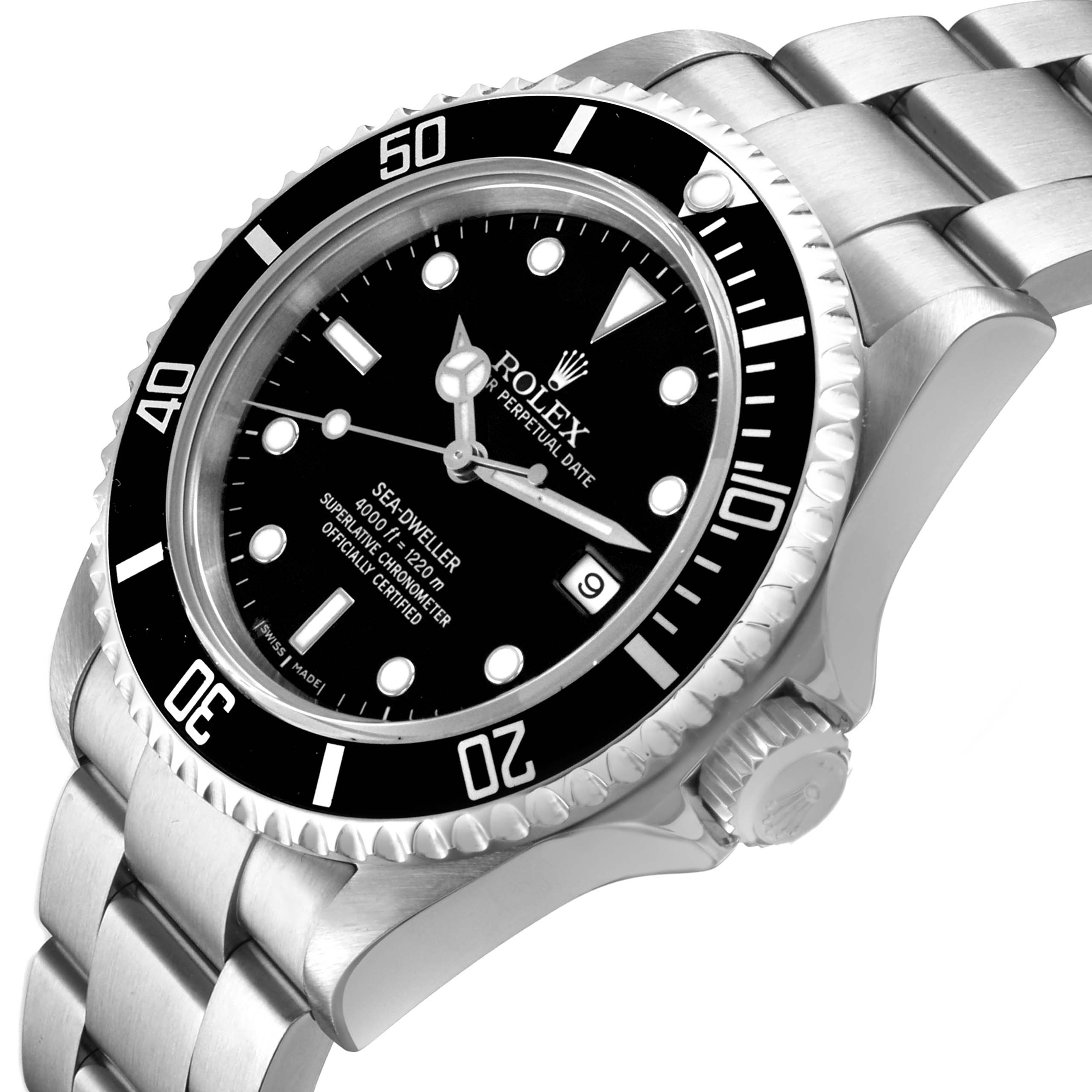 The Rolex Sea-Dweller M16600T Men's Stainless Steel Black Dial is shown at an angled close-up, highlighting the dial, bezel, crown, and a portion of the bracelet.