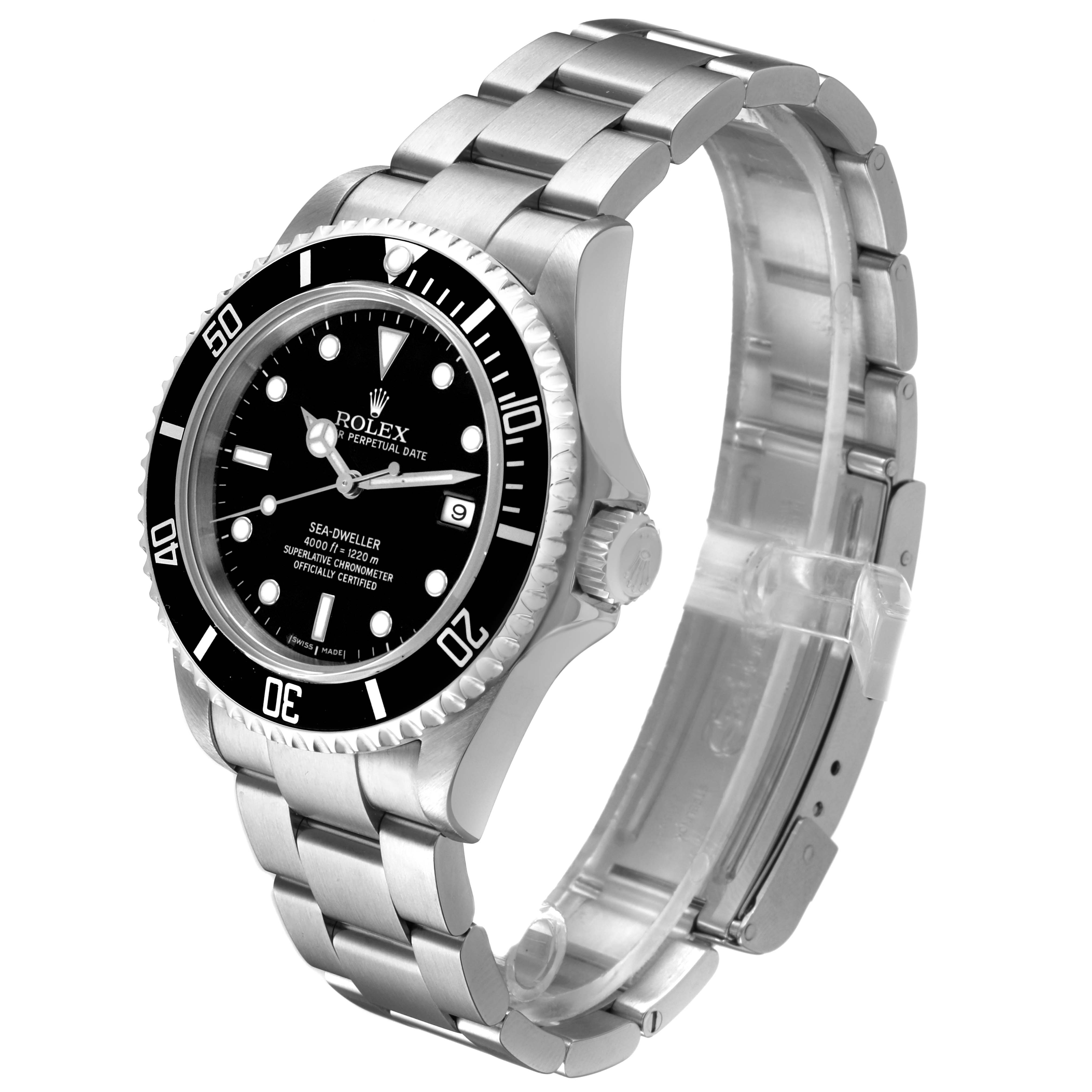 The Rolex Sea-Dweller M16600T Men's Stainless Steel Black Dial is shown at an oblique angle, highlighting the bezel, dial, crown, and bracelet.