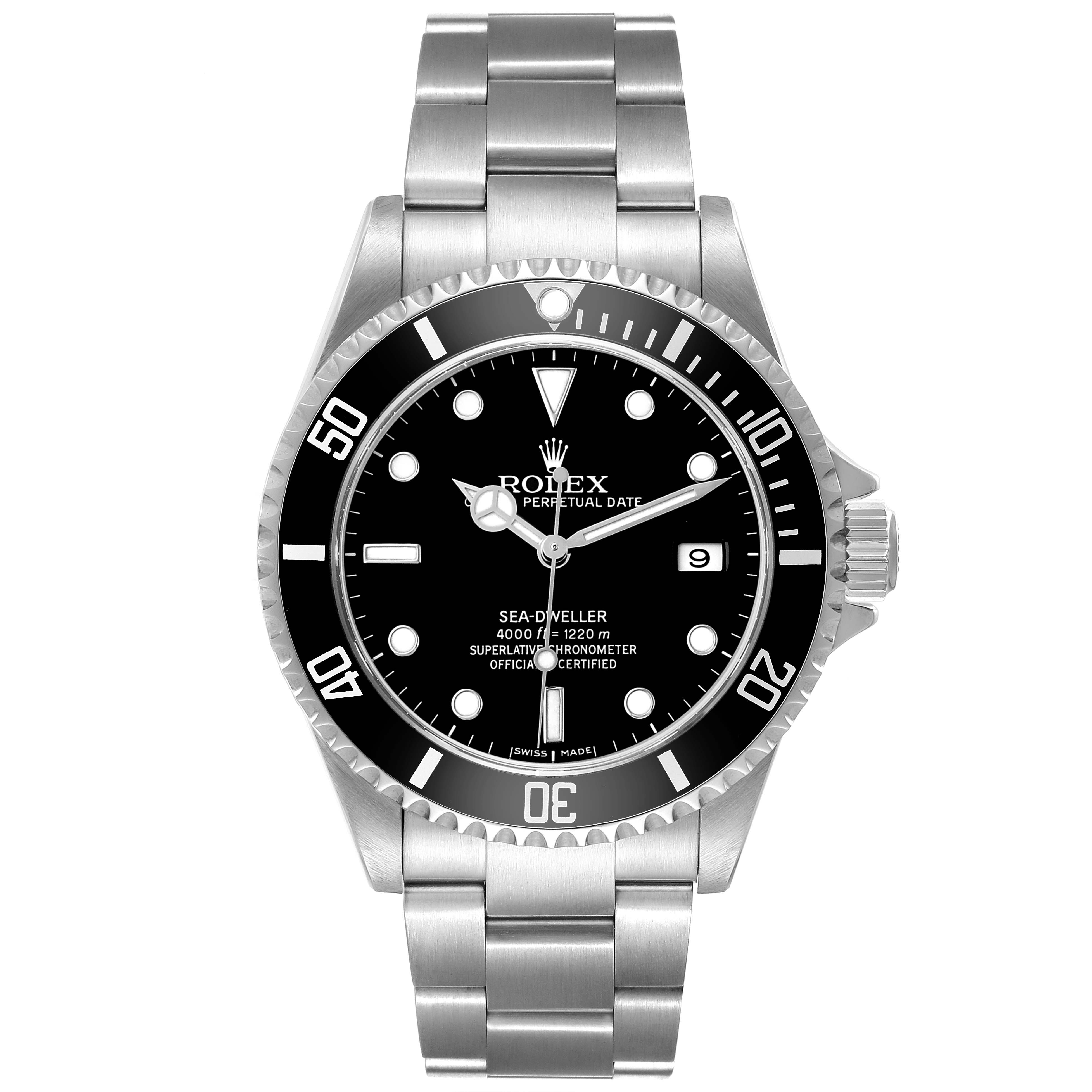The Rolex Sea-Dweller M16600T Men's Stainless Steel Black Dial watch is shown from a front view, displaying the dial, bezel, and bracelet.