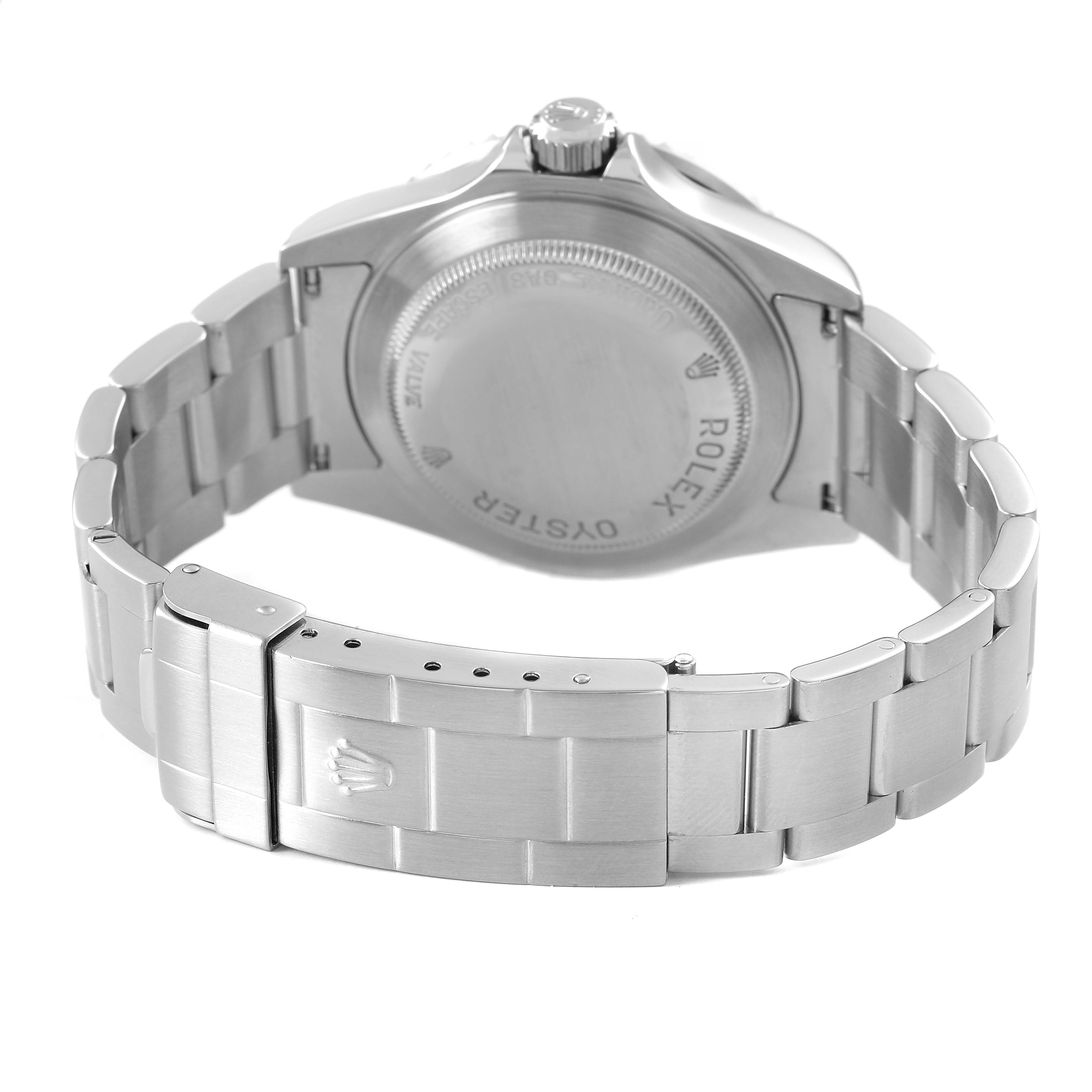 The image shows the back case and bracelet of the Rolex Sea-Dweller M16600T Men's Stainless Steel Black Dial, focused on the clasp and rear housing.