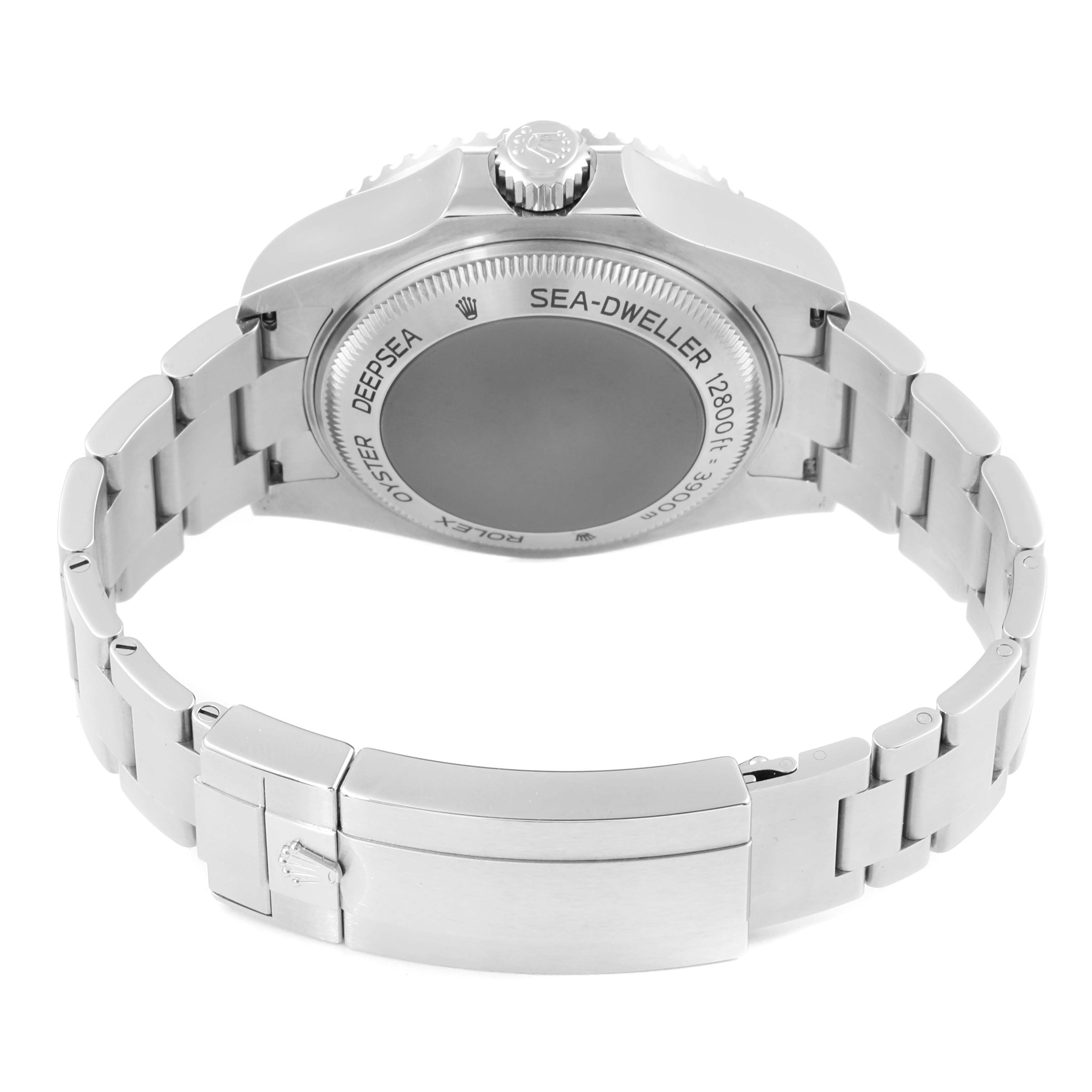 The image shows the back and bracelet of a Rolex Sea-Dweller 126660 Men
s Stainless Steel Black Dial 126660 Men
s Stainless Steel Black Dial watch from a rear angle.