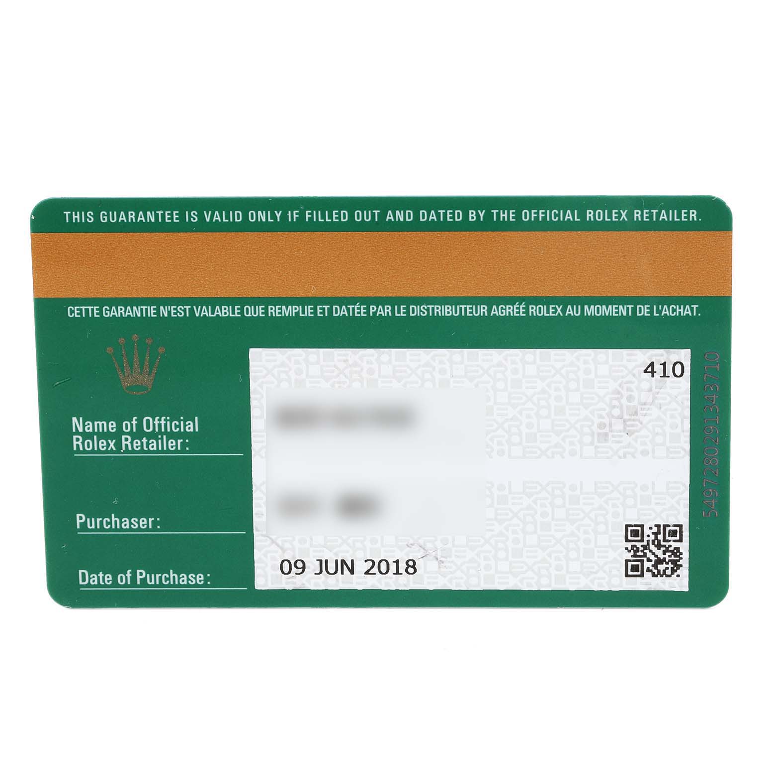 This image shows a guarantee card for the Rolex Sea-Dweller 126660 Men
s Stainless Steel Black Dial 126660 Men
s Stainless Steel Black Dial model with purchase details and retailer information.