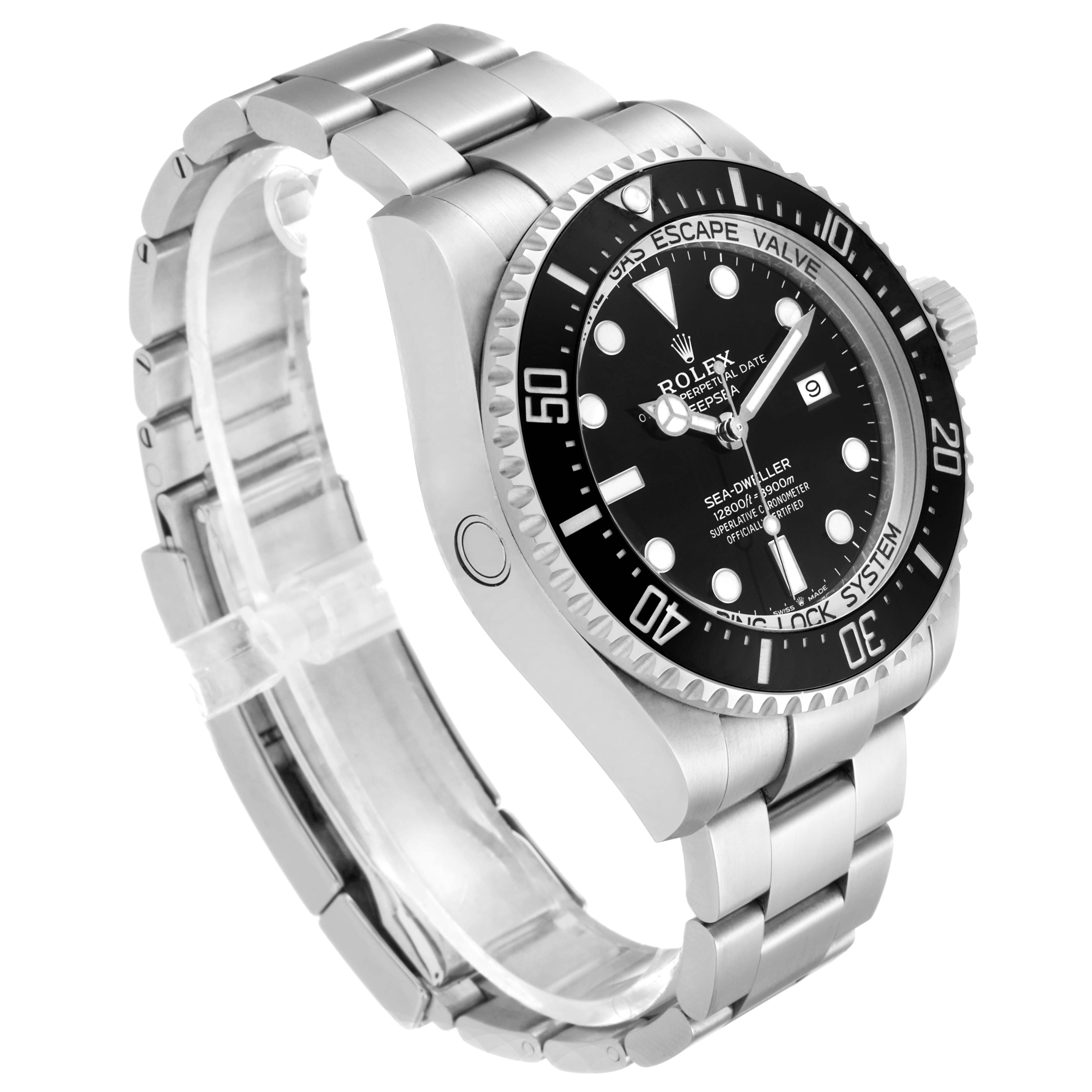 The image shows a Rolex Sea-Dweller 126660 Men
s Stainless Steel Black Dial 126660 Men
s Stainless Steel Black Dial watch angled to display the face, bezel, crown, and bracelet.