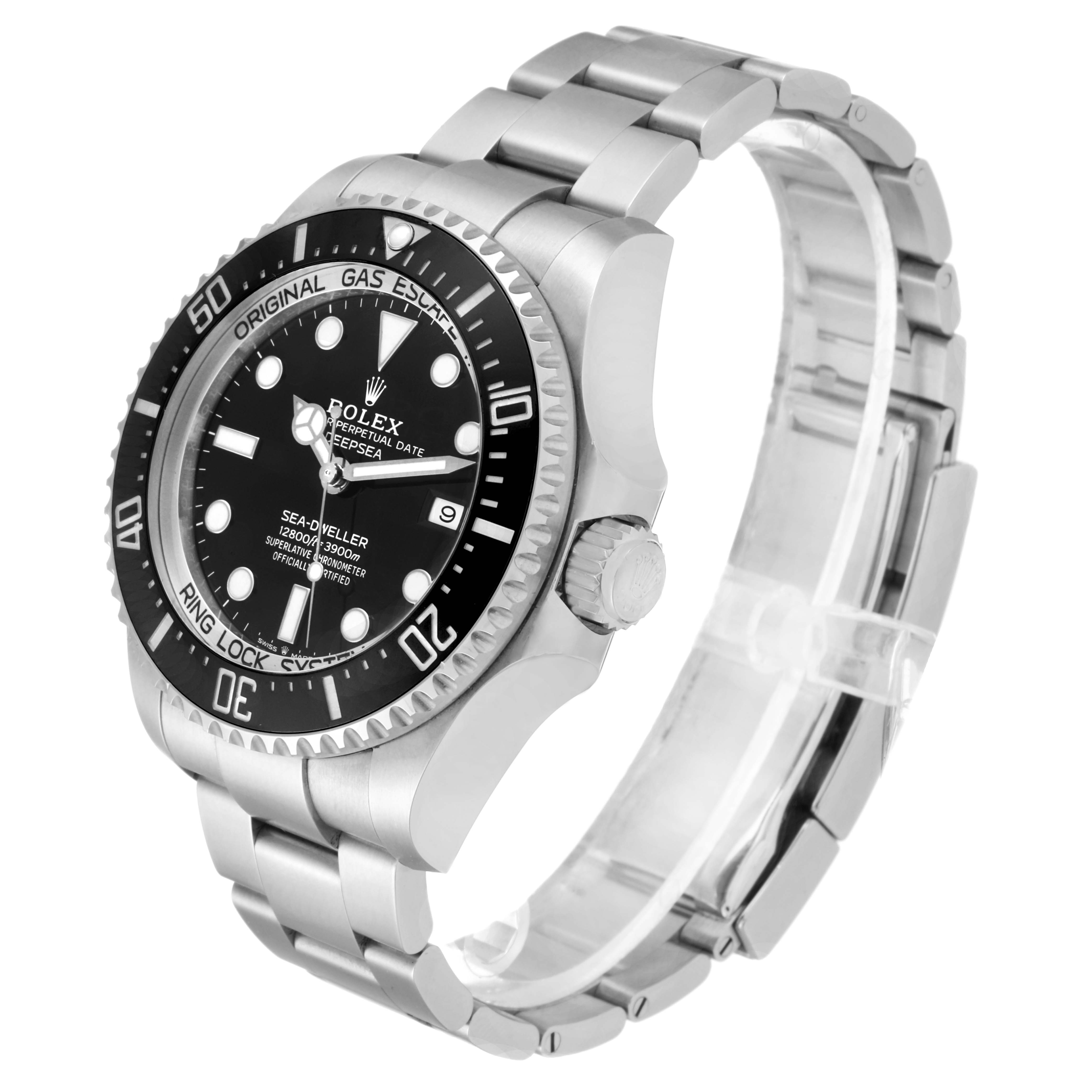 This Rolex Sea-Dweller 126660 Men
s Stainless Steel Black Dial 126660 Men
s Stainless Steel Black Dial watch is shown at an angled side view highlighting the face, bezel, crown, and metal bracelet.