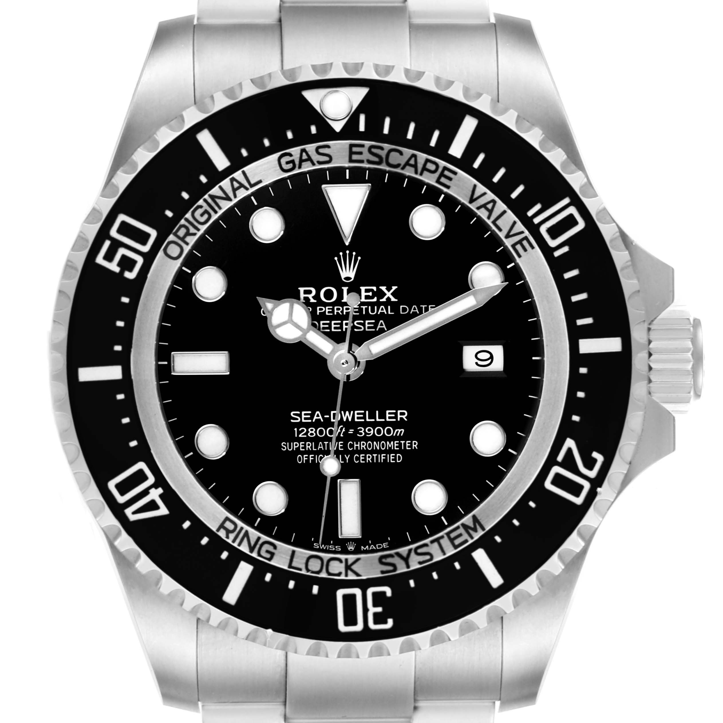 The image shows a front view of the Rolex Sea-Dweller 126660 Men
s Stainless Steel Black Dial 126660 Men
s Stainless Steel Black Dial watch, displaying its dial, bezel, crown, and bracelet.