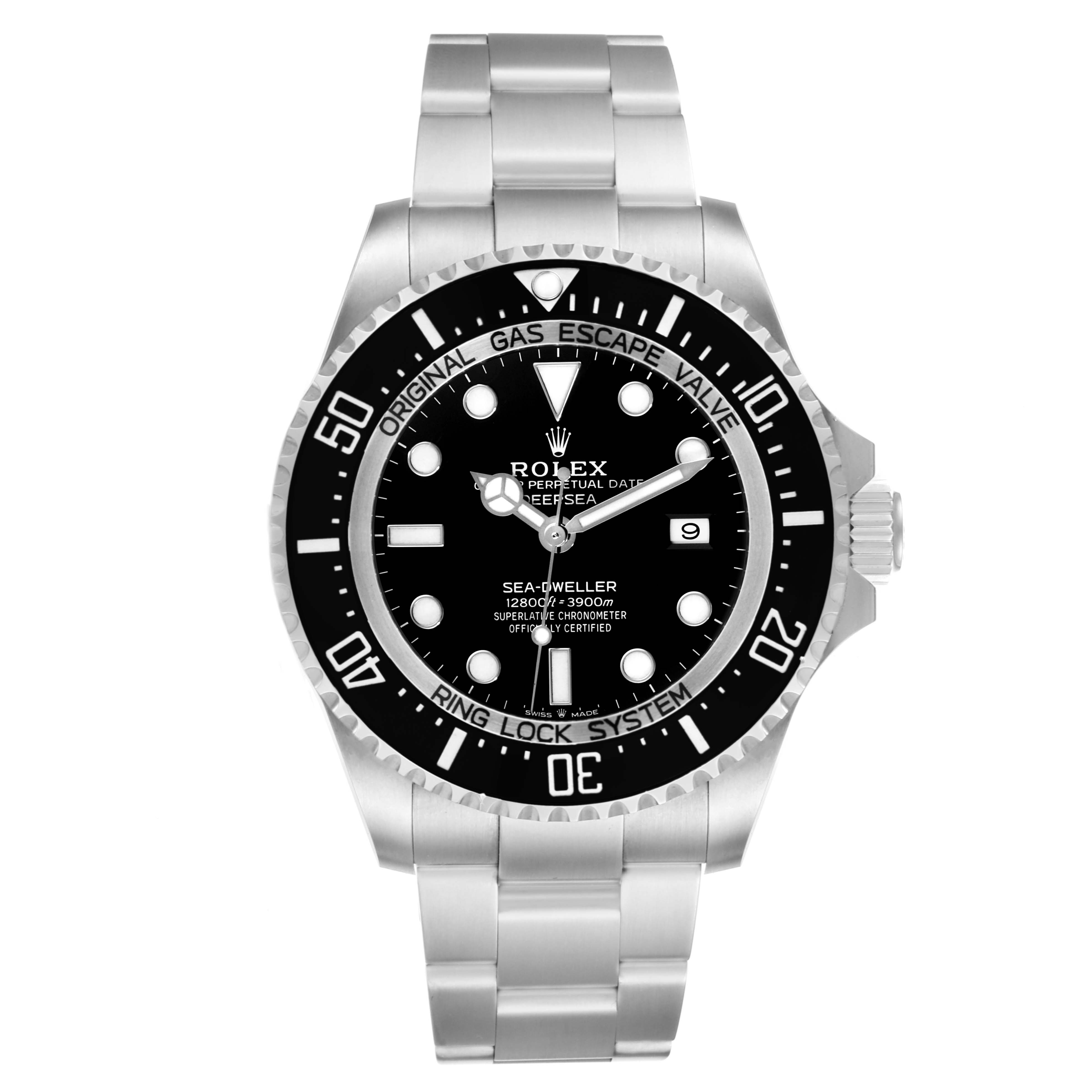 This is a front view of the Rolex Sea-Dweller 126660 Men
s Stainless Steel Black Dial 126660 Men
s Stainless Steel Black Dial watch, showcasing its face, bezel, and bracelet.
