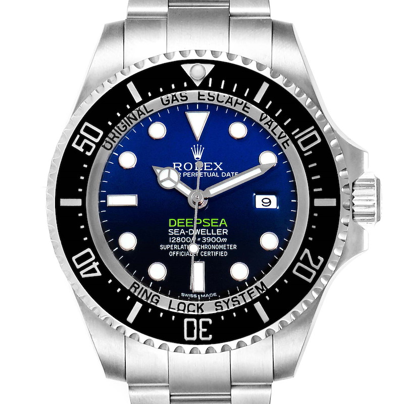 This image shows a front view of the Rolex Sea-Dweller watch, highlighting its dial, bezel, and bracelet.