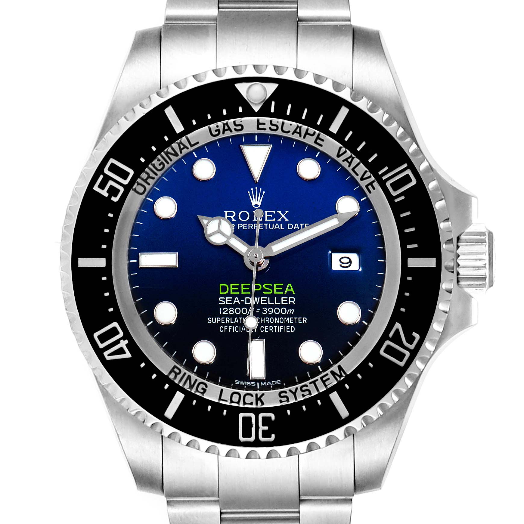This image shows a front view of the Rolex Sea-Dweller 116660 Men's Stainless Steel Blue Dial 116660 Men's Stainless Steel Blue Dial watch, highlighting its dial, bezel, and bracelet.