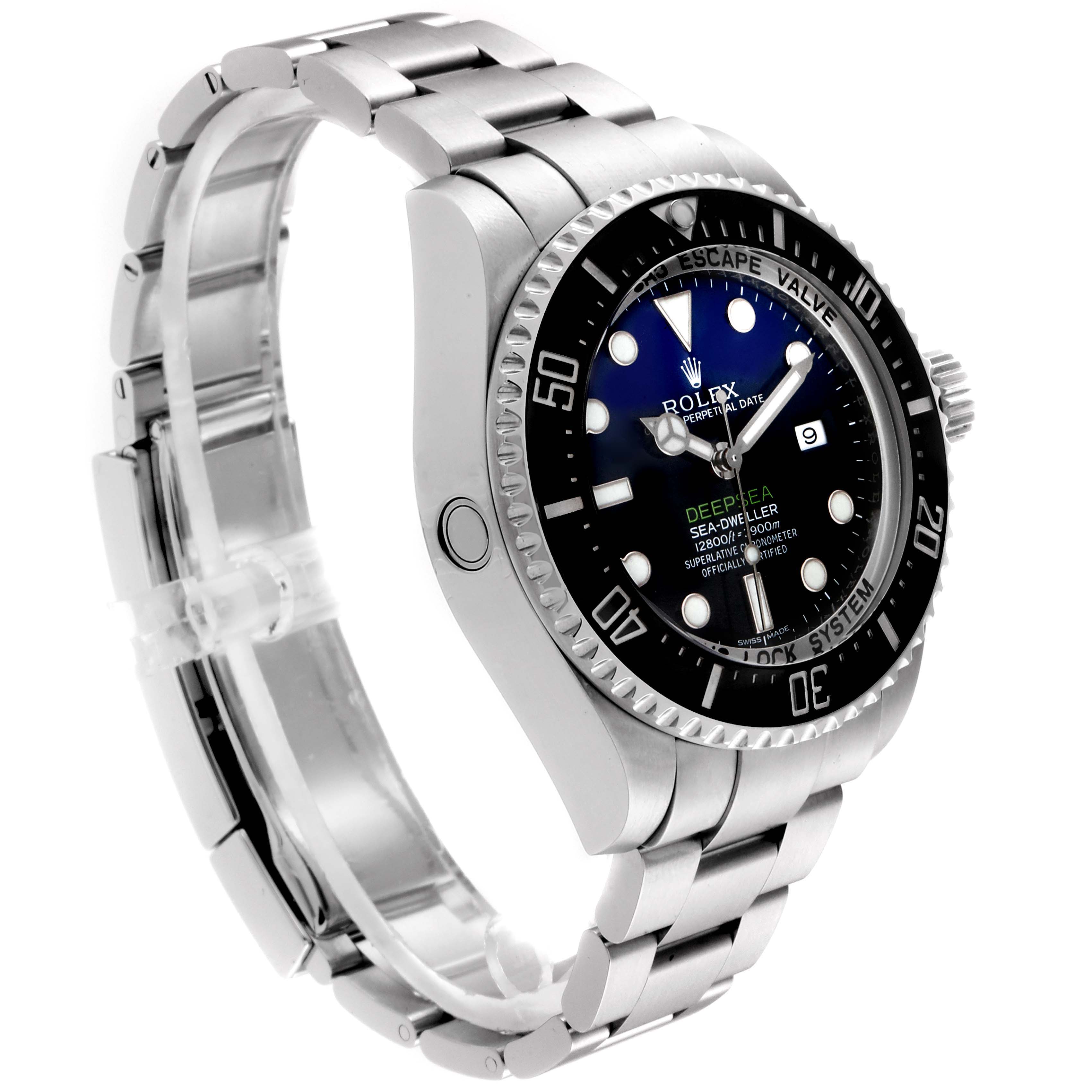 The image shows a side angle of the Rolex Sea-Dweller 116660 Men's Stainless Steel Blue Dial 116660 Men's Stainless Steel Blue Dial watch, highlighting the dial, bezel, crown, case, and bracelet.