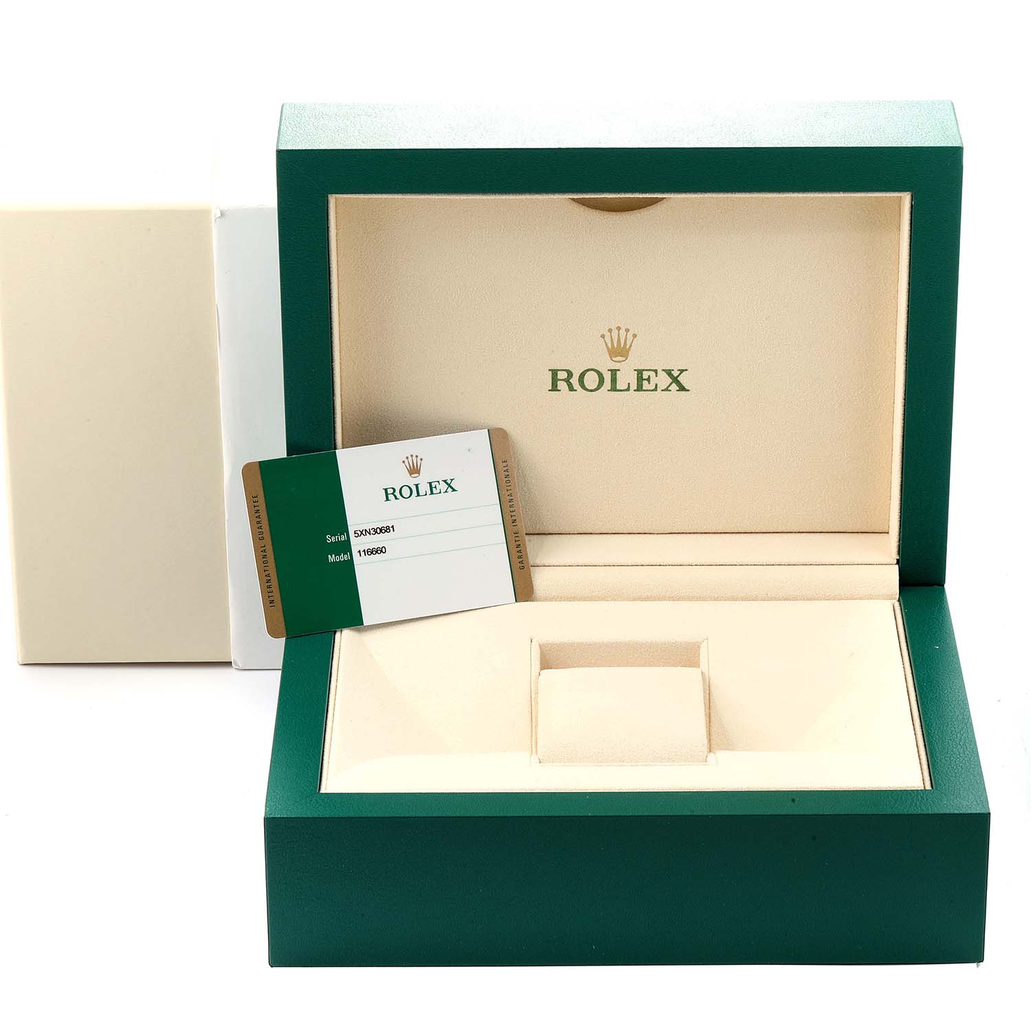 The image shows an opened green box for a Rolex Sea-Dweller 116660 Men's Stainless Steel Blue Dial 116660 Men's Stainless Steel Blue Dial, including a credit card-style certificate inside the box.