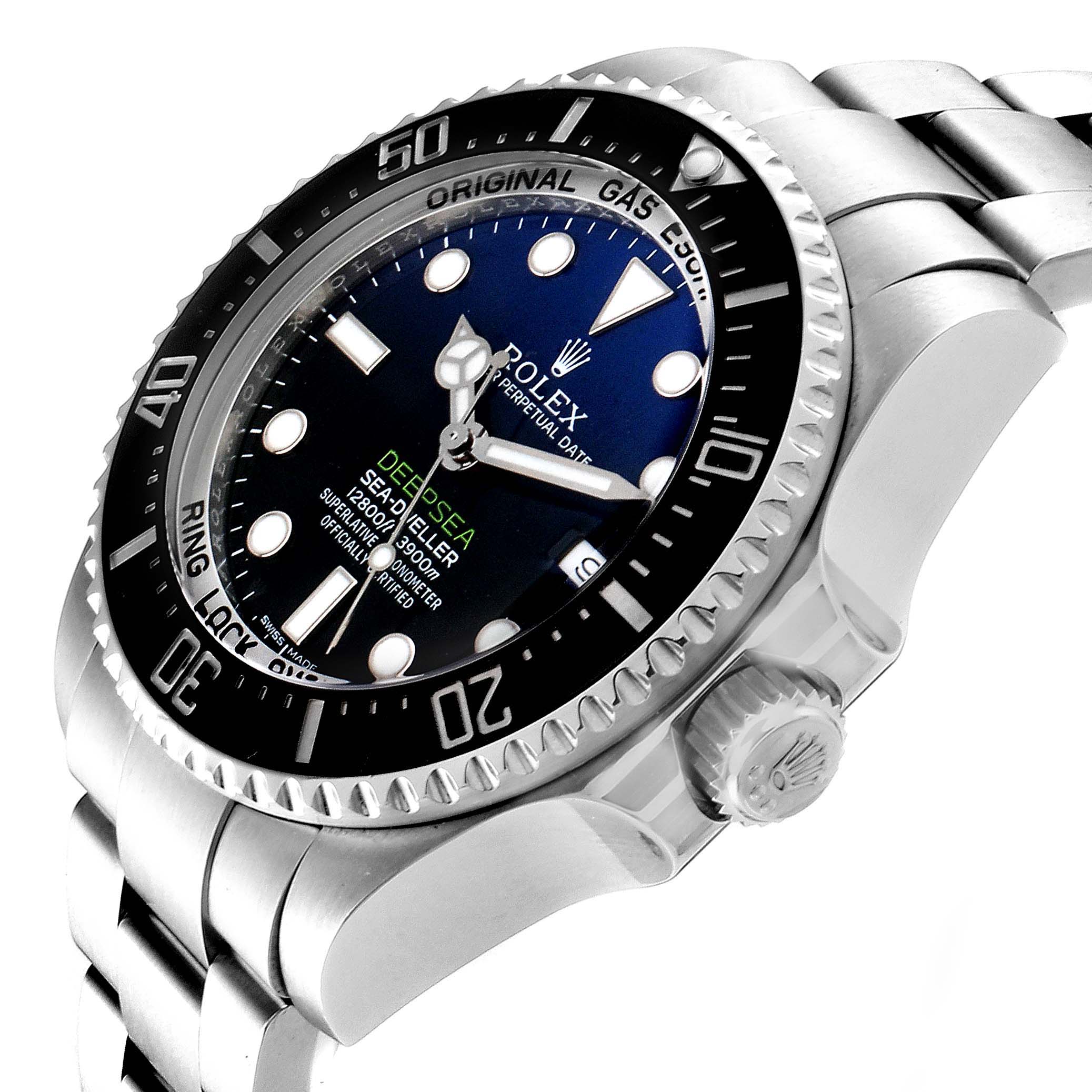 The image shows the Rolex Sea-Dweller 116660 Men's Stainless Steel Blue Dial 116660 Men's Stainless Steel Blue Dial watch at an angle highlighting the bezel, crown, and part of the strap.
