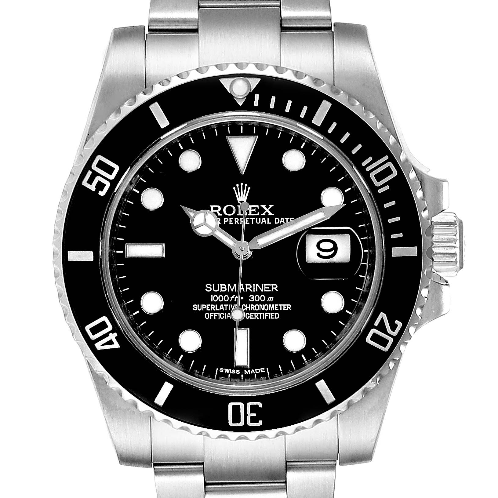 The image shows a front view of the Rolex Submariner 116610 Men's Stainless Steel Black Dial 116610 Men's Stainless Steel Black Dial watch, highlighting the dial, bezel, and bracelet.