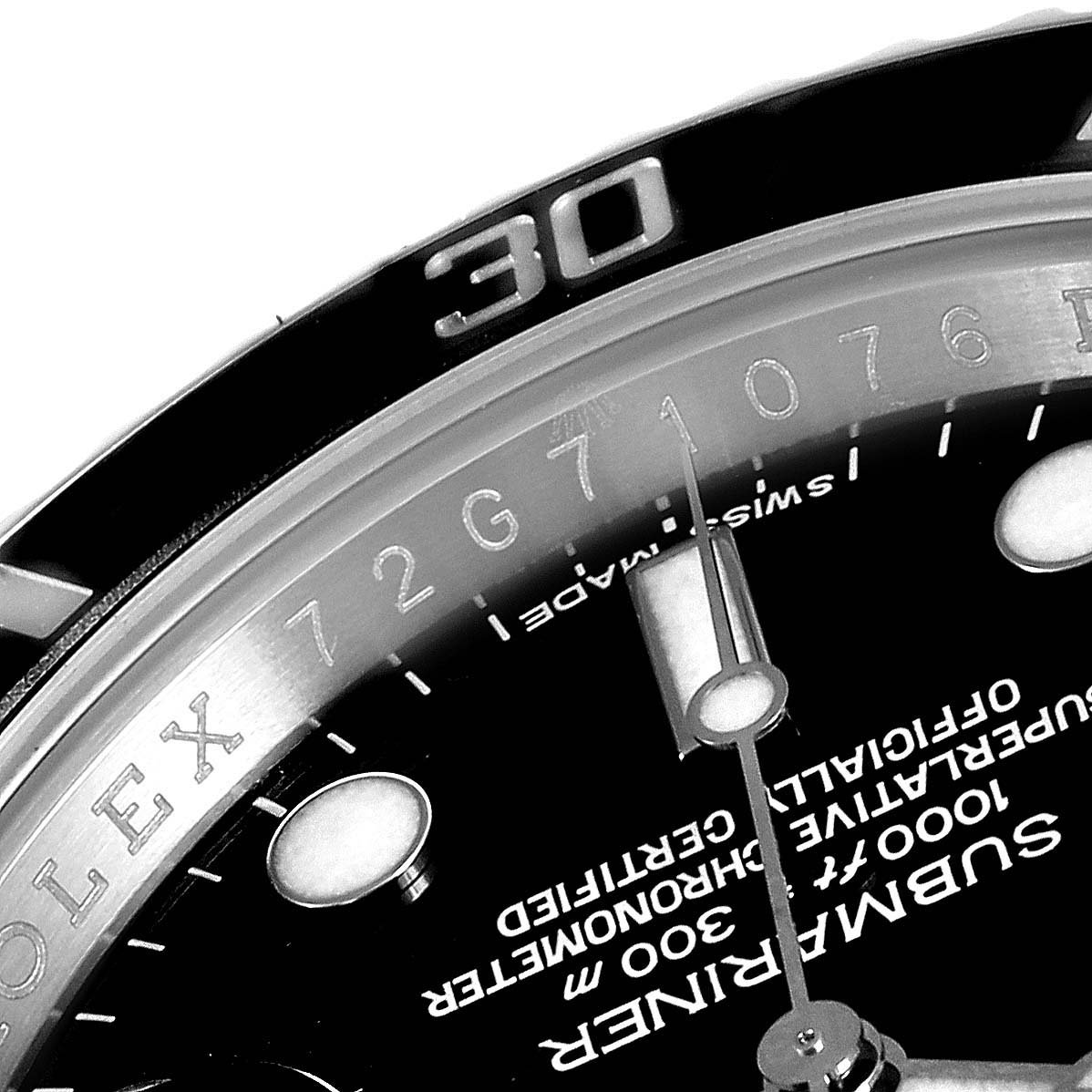 The image shows a close-up view of the dial and bezel of a Rolex Submariner 116610 Men's Stainless Steel Black Dial 116610 Men's Stainless Steel Black Dial watch, highlighting the brand name, depth rating, and part of the minute hand.