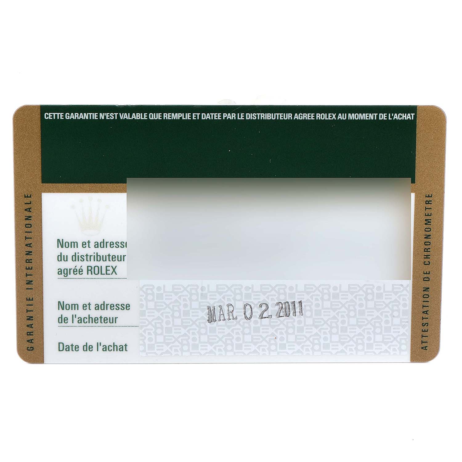 This image shows the warranty card for a Rolex Submariner 116610 Men's Stainless Steel Black Dial 116610 Men's Stainless Steel Black Dial watch, dated March 2, 2011.