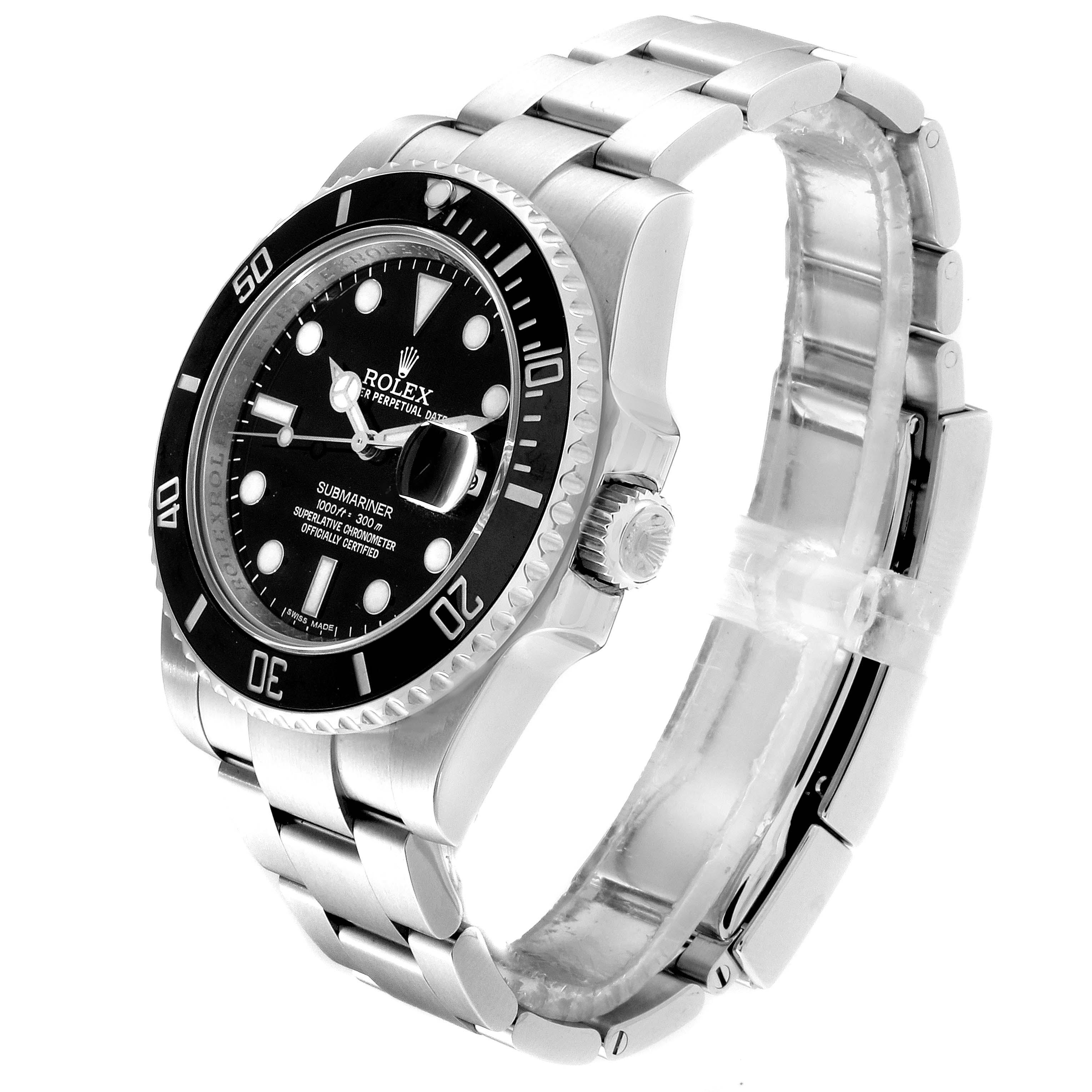 The Rolex Submariner 116610 Men's Stainless Steel Black Dial 116610 Men's Stainless Steel Black Dial watch is shown at an angle displaying the face, bezel, crown, and part of the bracelet.