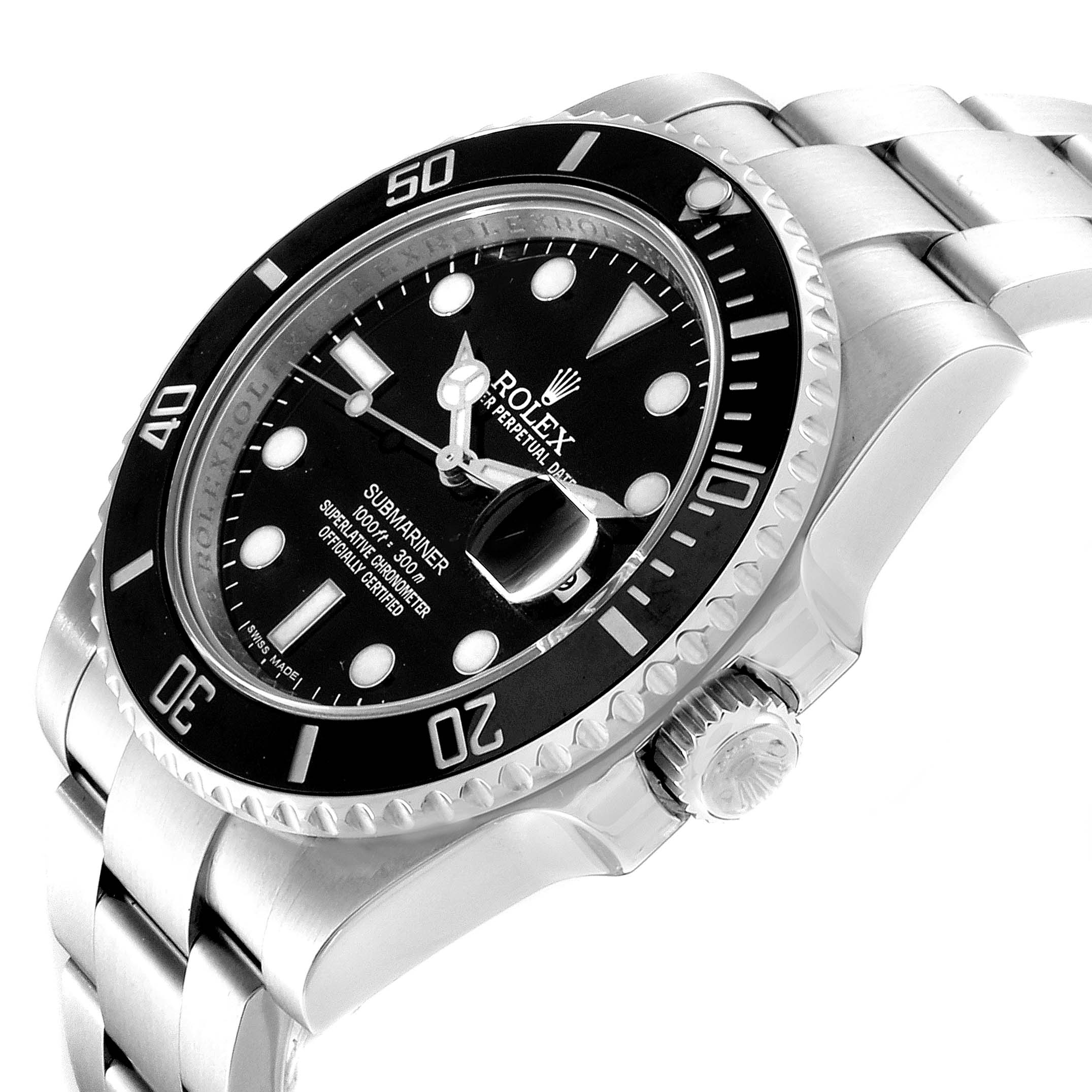 This image shows a side angle of a Rolex Submariner 116610 Men's Stainless Steel Black Dial 116610 Men's Stainless Steel Black Dial watch, focusing on its bezel, dial, and crown.