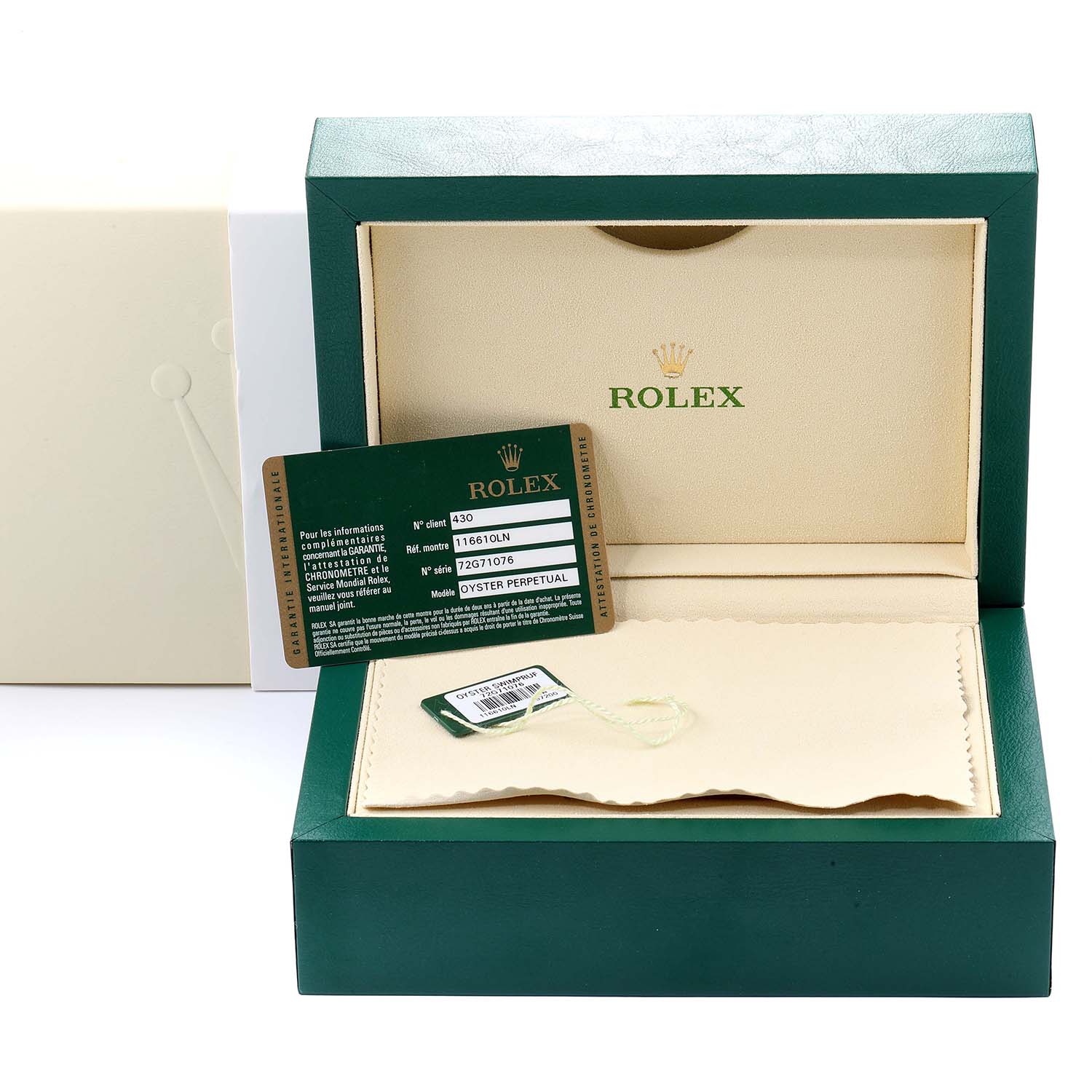 The image shows the packaging, warranty card, and accessories of a Rolex Submariner 116610 Men's Stainless Steel Black Dial 116610 Men's Stainless Steel Black Dial watch.