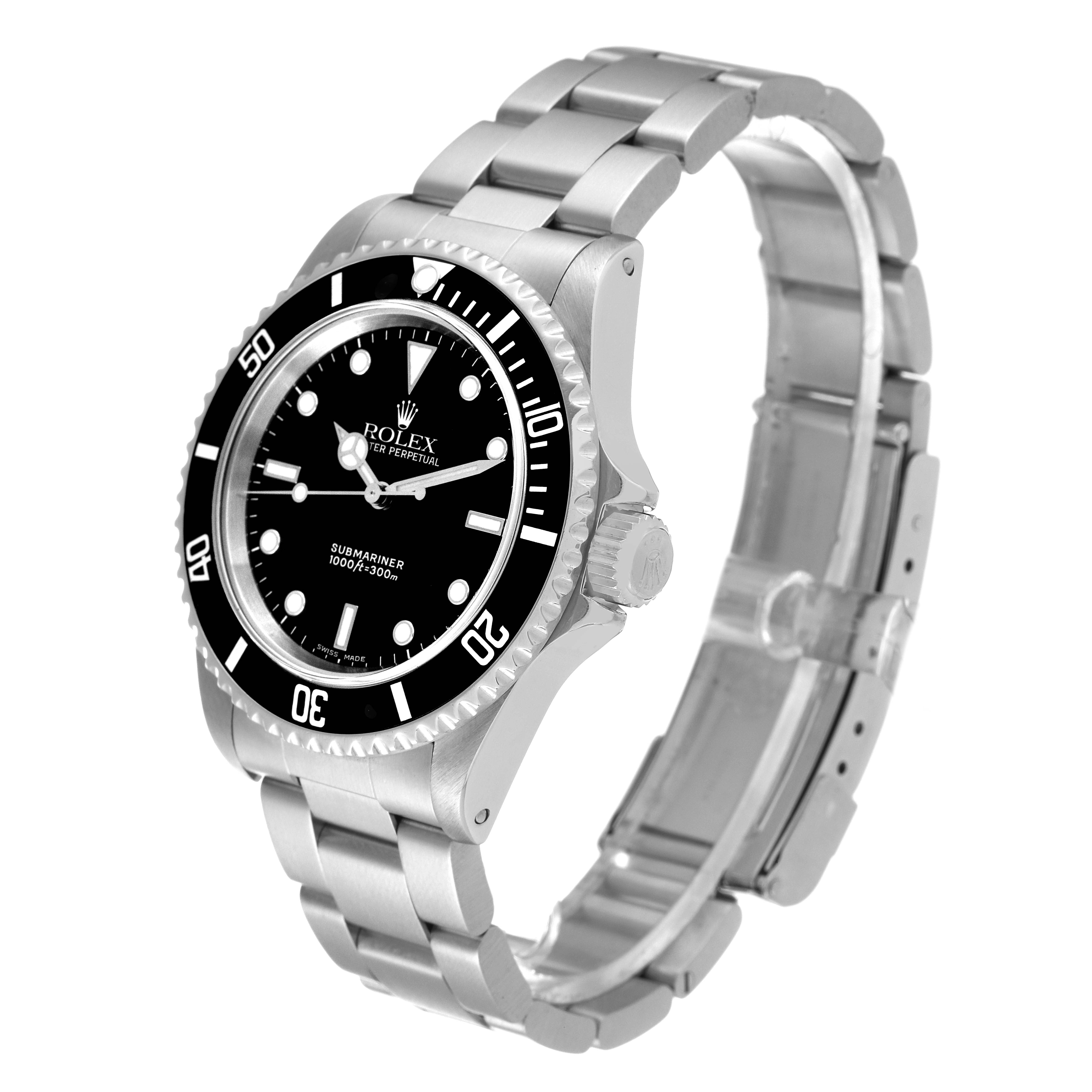 This image shows a Rolex Submariner 14060 Men
s Stainless Steel Black Dial 14060 Men
s Stainless Steel Black Dial watch at a slight angle, highlighting the watch face, bezel, crown, and bracelet.