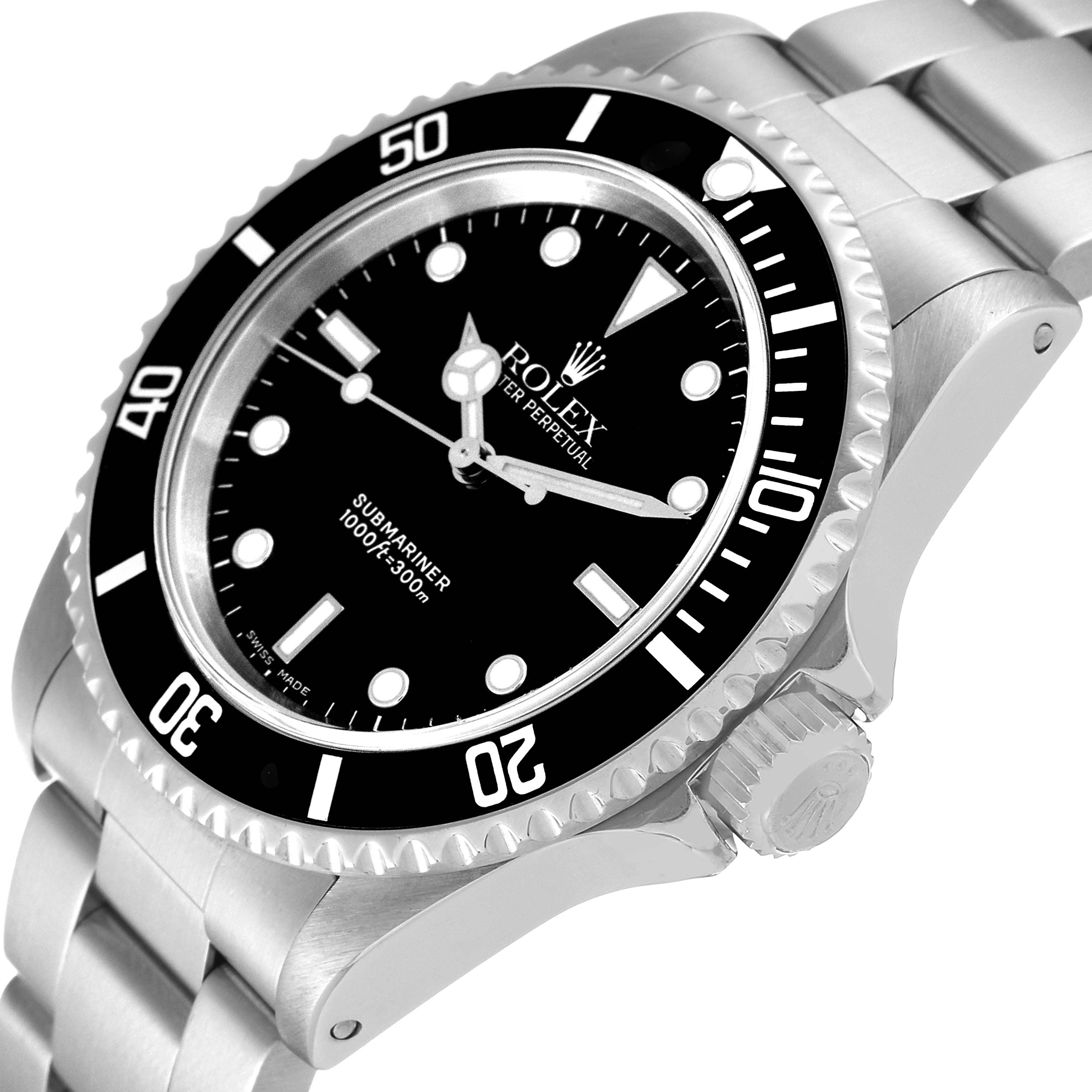 The Rolex Submariner 14060 Men
s Stainless Steel Black Dial 14060 Men
s Stainless Steel Black Dial watch is shown at an angled view, highlighting the dial, bezel, crown, and bracelet.