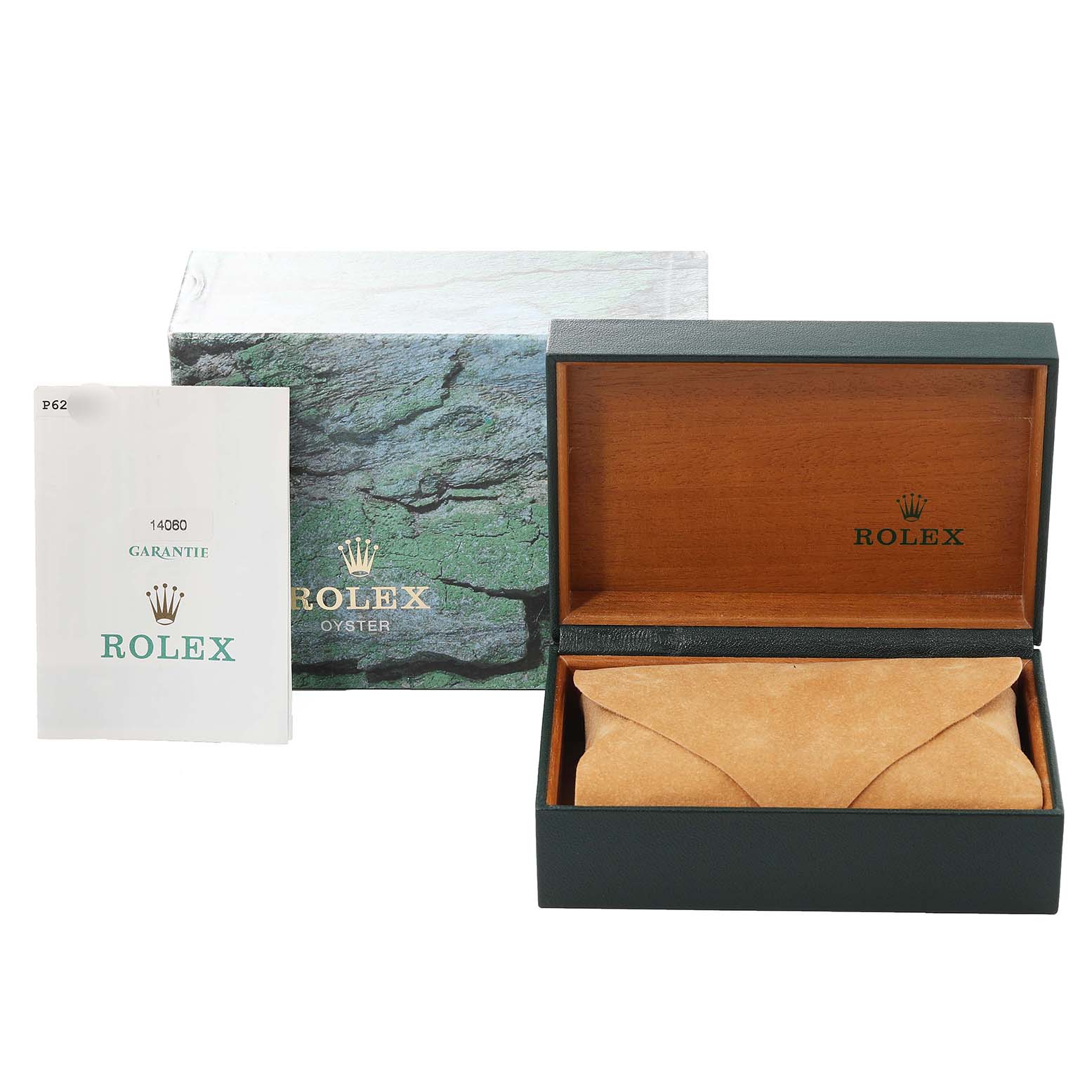 The image shows a Rolex Submariner 14060 Men
s Stainless Steel Black Dial 14060 Men
s Stainless Steel Black Dial box, a foam cushion, and a warranty booklet at a front angle.