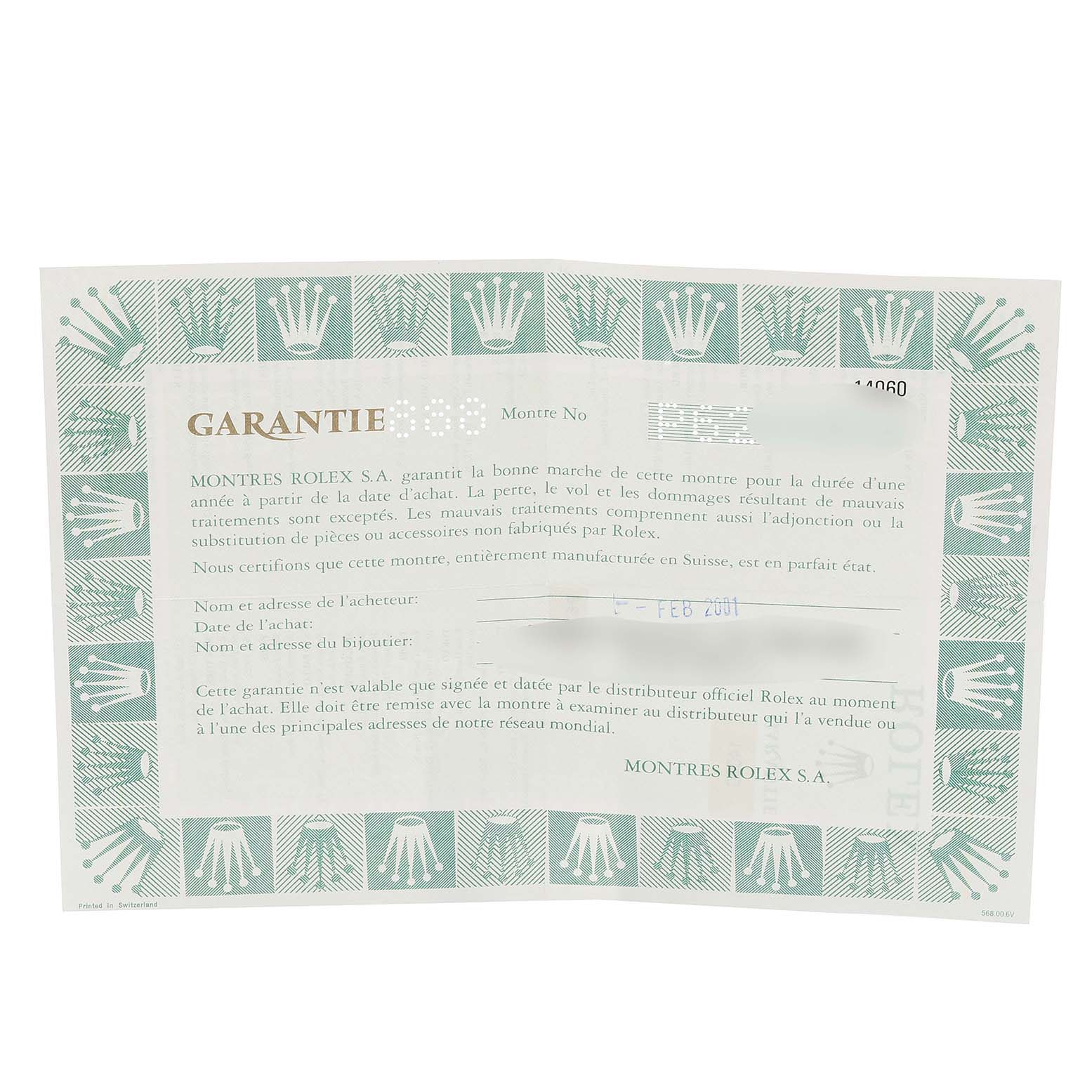 The image shows a warranty card for a Rolex Submariner 14060 Men
s Stainless Steel Black Dial 14060 Men
s Stainless Steel Black Dial watch.