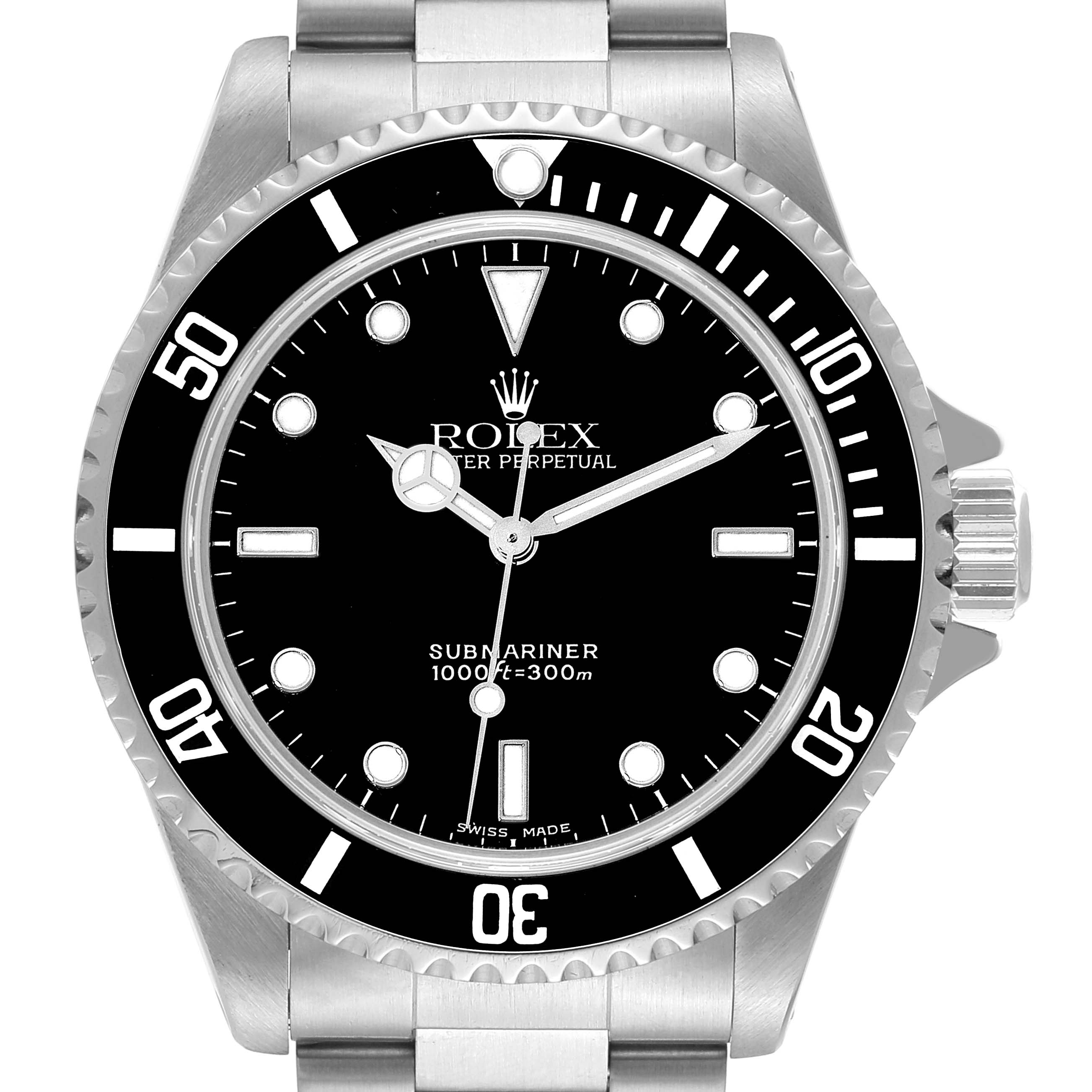 This image shows a front view of the Rolex Submariner 14060 Men
s Stainless Steel Black Dial 14060 Men
s Stainless Steel Black Dial watch, highlighting its dial, bezel, case, and part of the bracelet.