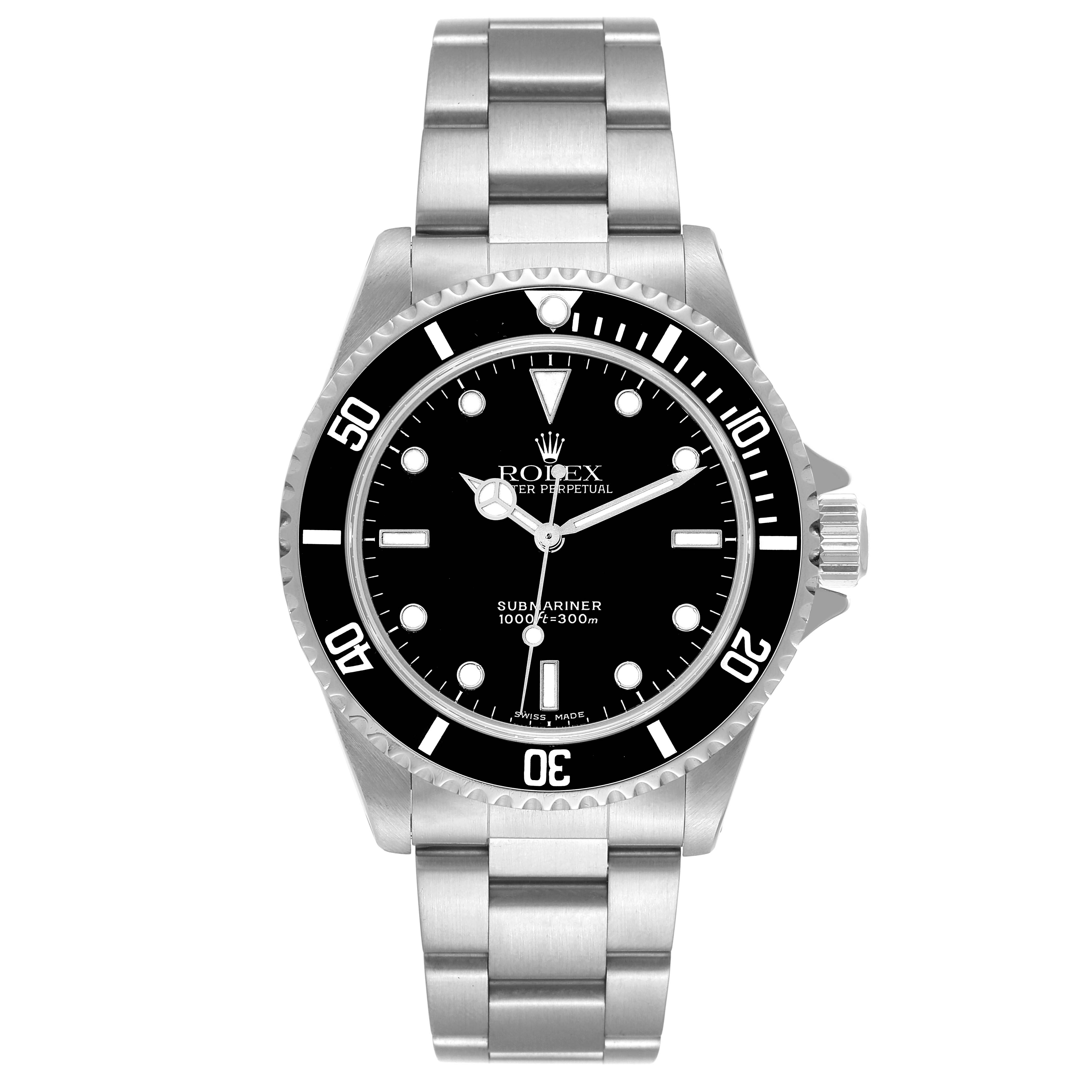 This image shows a frontal view of a Rolex Submariner 14060 Men
s Stainless Steel Black Dial 14060 Men
s Stainless Steel Black Dial watch, displaying the dial, bezel, bracelet, and crown.
